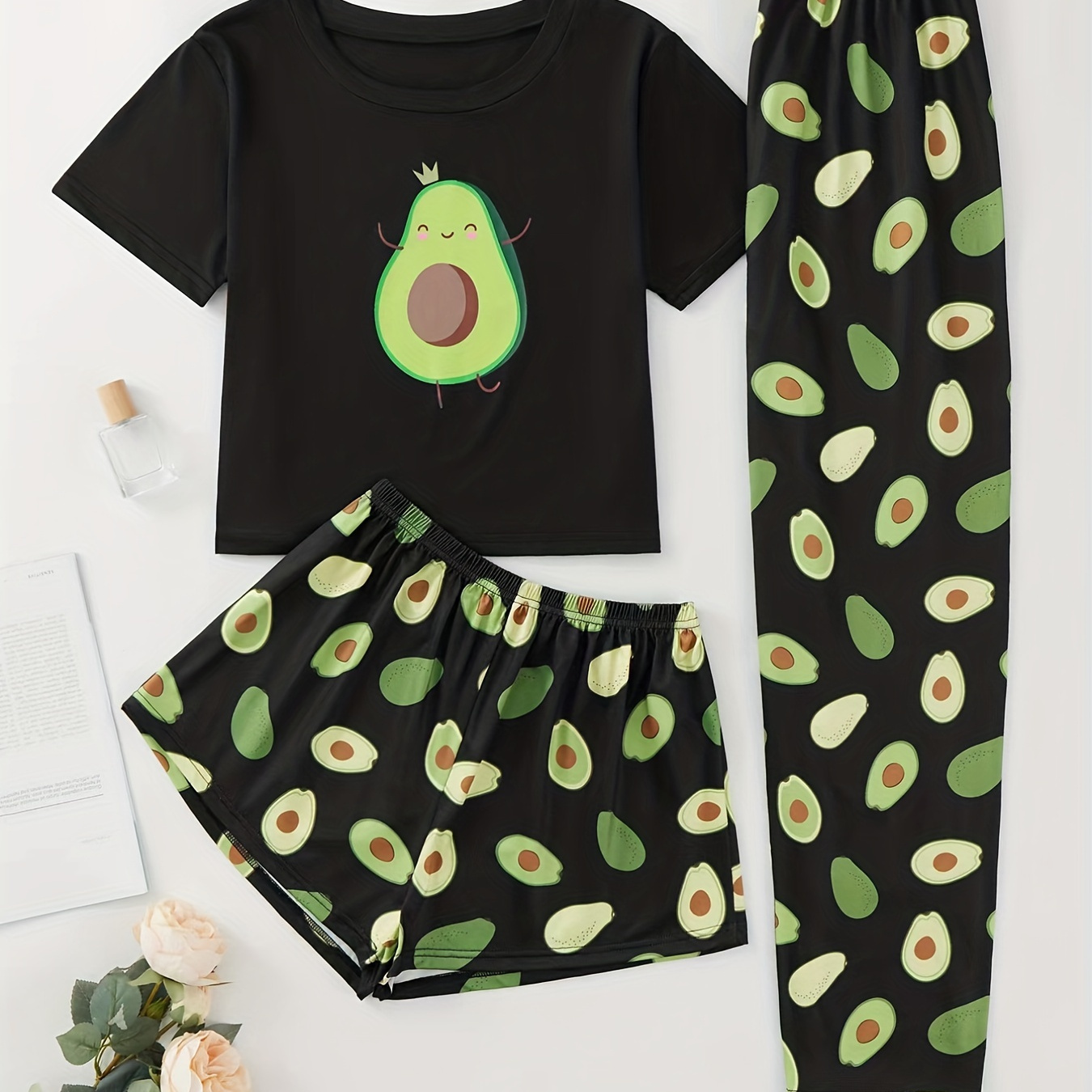 

Avocado Print Pajama Set, Short Sleeve Crew Neck Top & Elastic Waistband Shorts & Pants, Women's Sleepwear & Loungewear