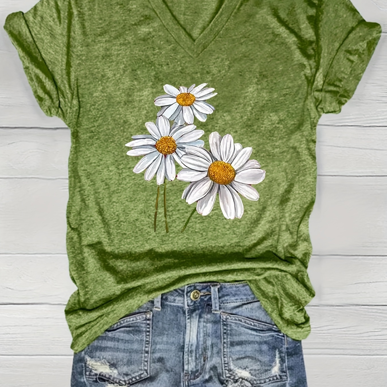 

Women's Casual V-neck Short Sleeve T-shirt In Lime Green With Daisy Print - Soft Rayon , Loose Fit, Machine Washable - Summer