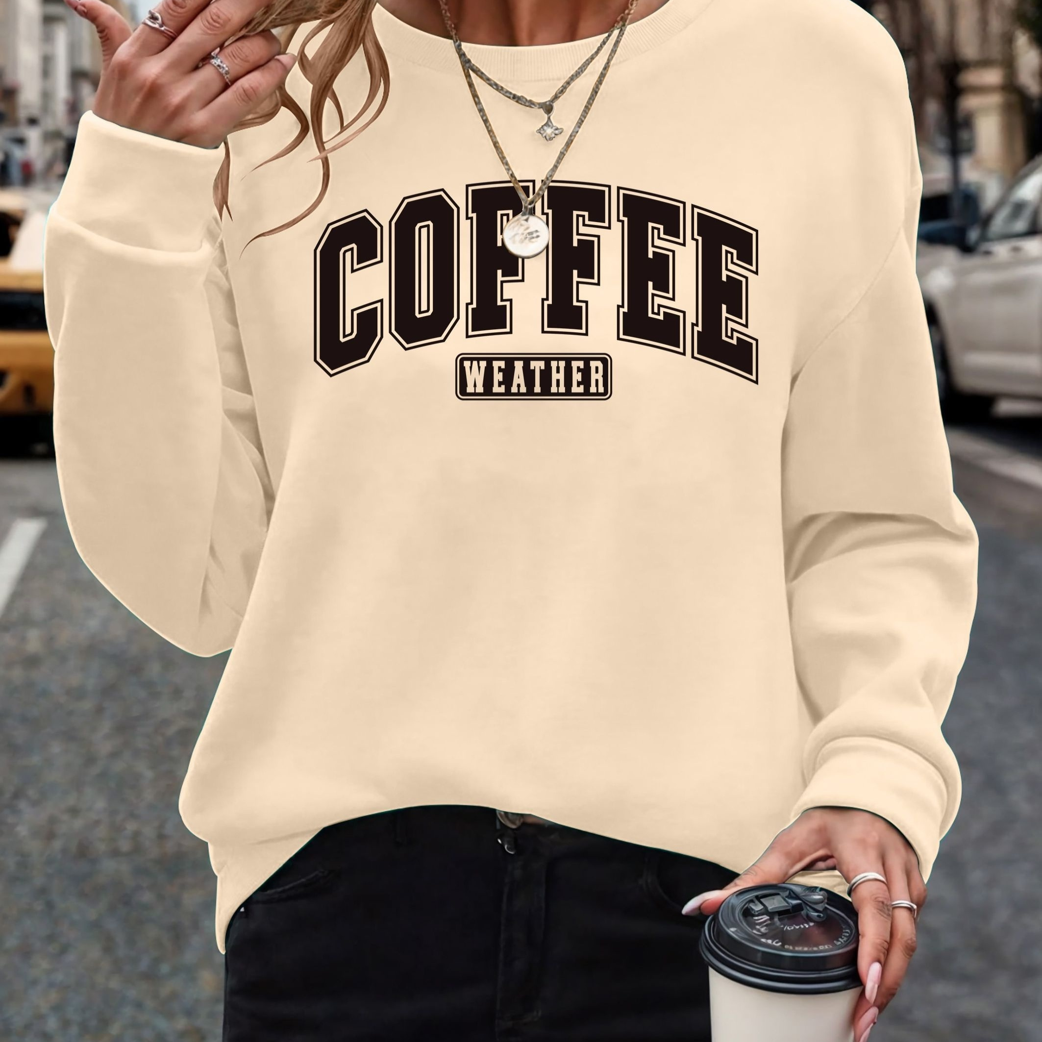 

Women's Casual Crew Neck Sweatshirt With "coffee Weather" Letter Print - 100% Polyester Knit Fabric, Long Sleeve Fall/winter Pullover