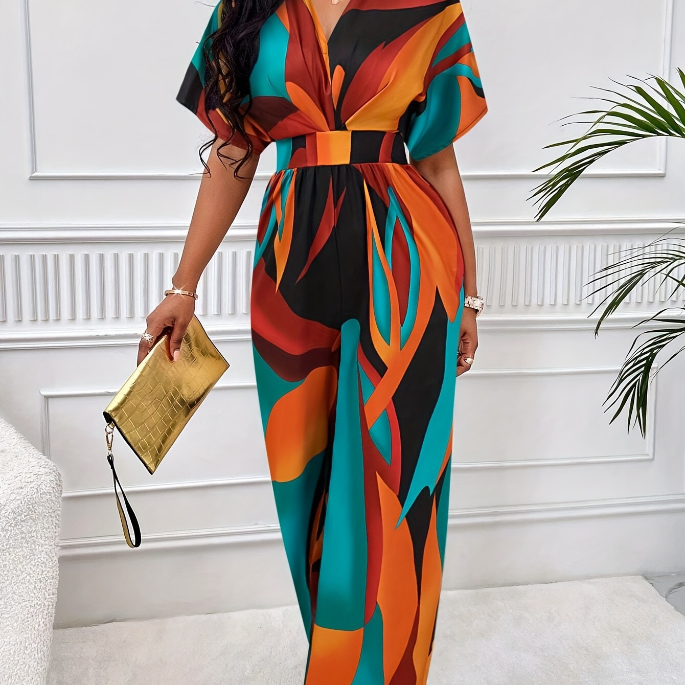 

Women's Vibrant Geometric Print Jumpsuit With Batwing Sleeves And Tie Waist - V-neck, Polyester, Machine Washable, All