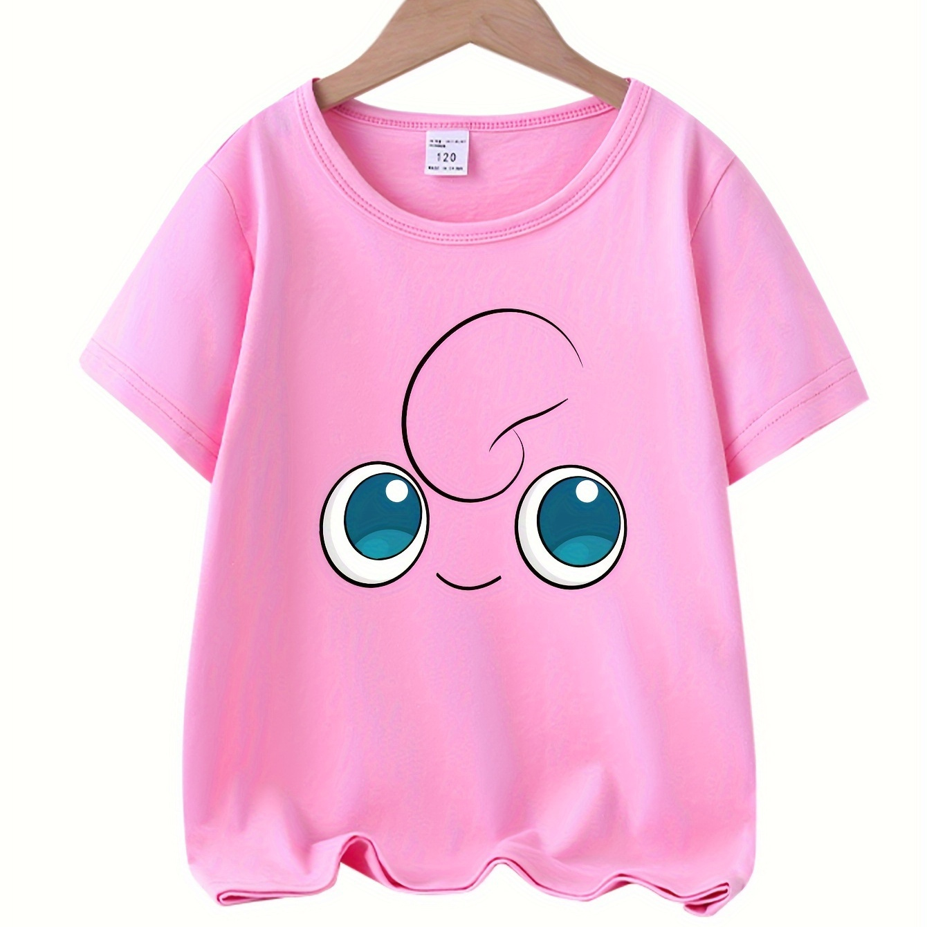 

100% Cotton, Girls Sweet Cartoon Eyes Graphic Short Sleeve T-shirt Tops For Summer Gift