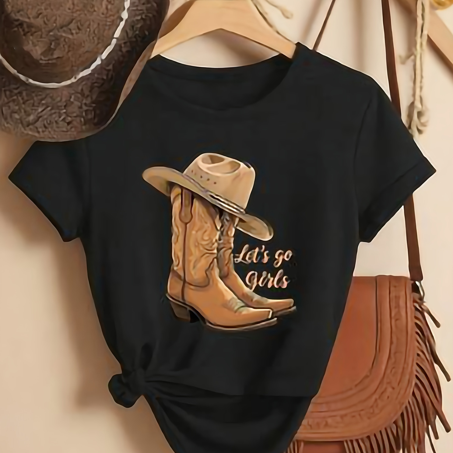 

T-shirt ras du cou à imprimé de bottes, haut décontracté à manches courtes confortable pour l'été et , vêtements pour femmes.