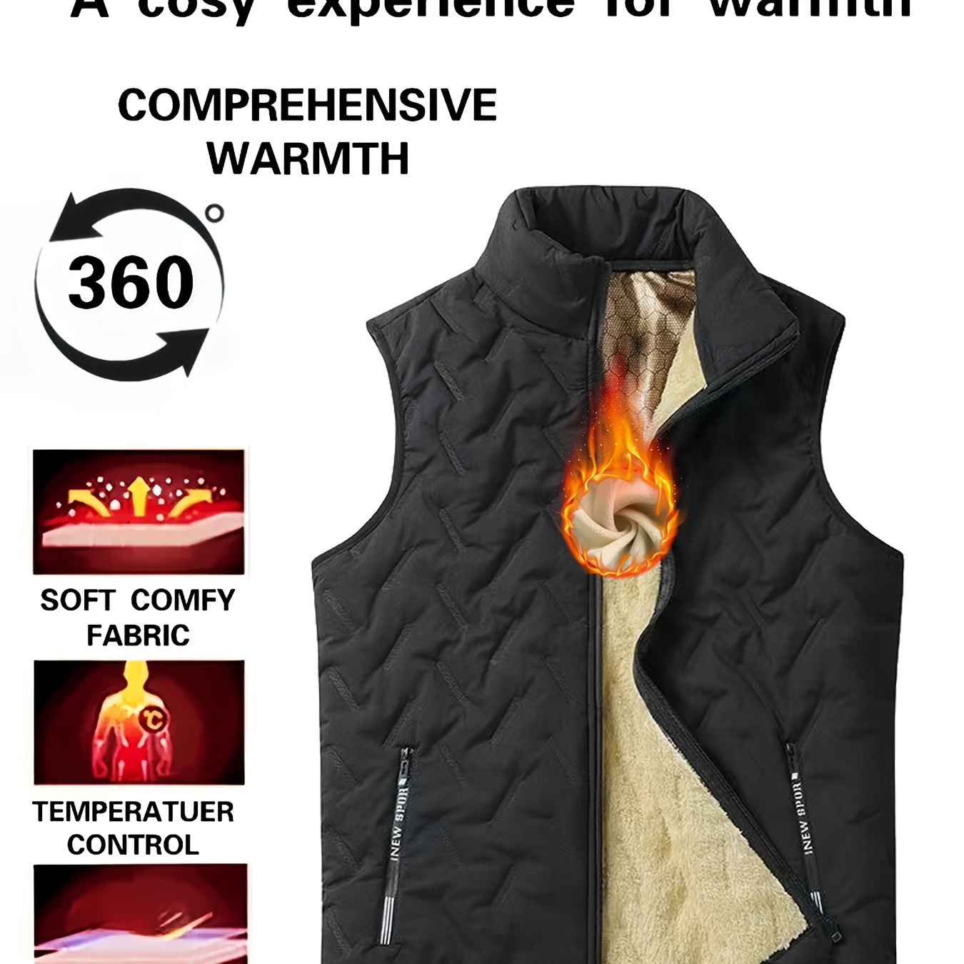 

Obm Men's Boutique Casual Stand Collar Plush Vest - Sleeveless, Full Zip, Solid Color Jacket With Pockets For Photography & Hiking - Ideal Autumn/winter Gift, Non-stretch Woven Fabric,