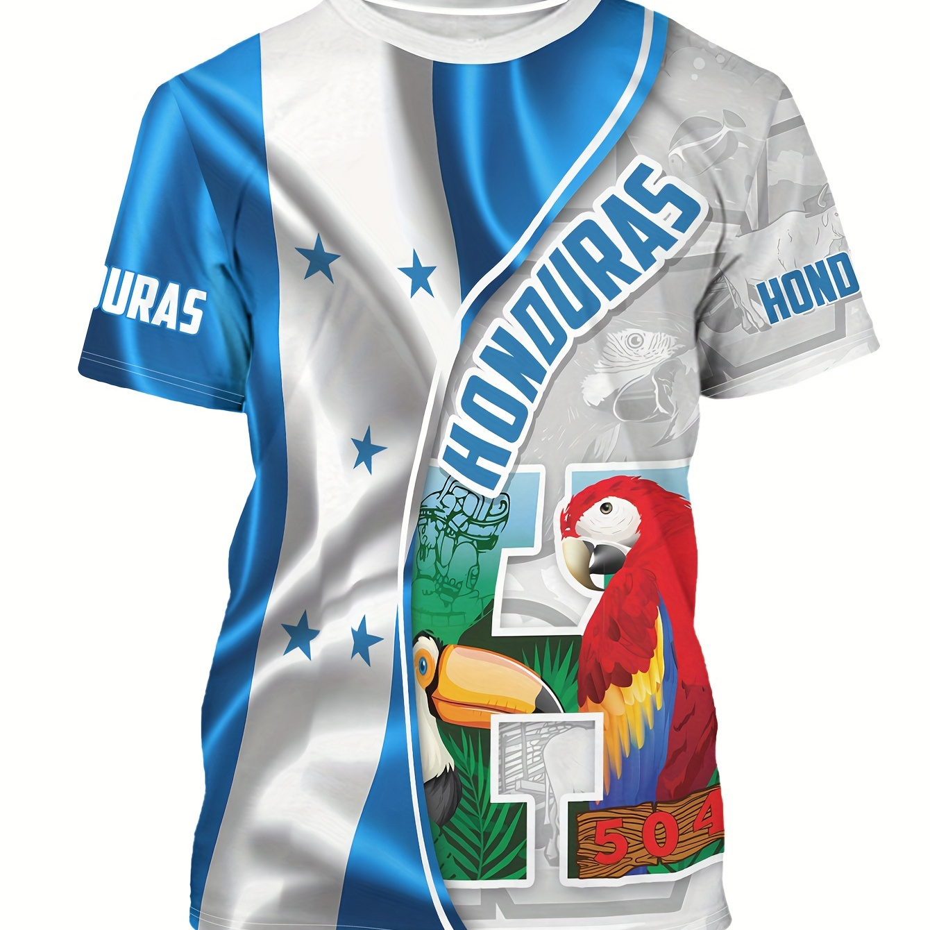 

Honduran Flag Pattern Toucan And Parrot Print Crew Neck And Short Sleeve T-shirt, Chic And Stylish Tops For Men's Summer Outdoors And Holiday Wear