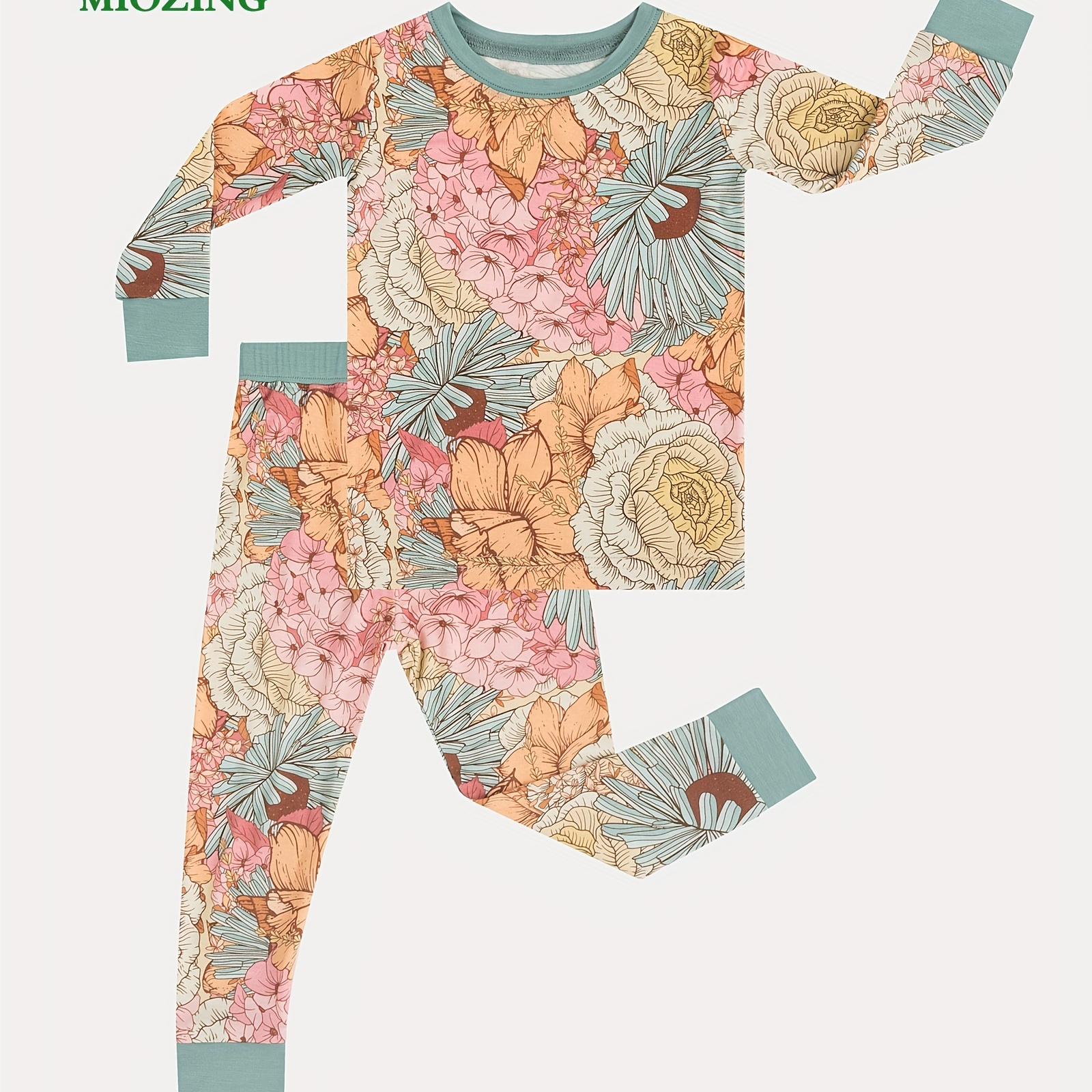 

Miozing Little Girls Bean Green Flower Print Comfy High-end Bamboo Fiber Cute & Elastic Top + Pants 2pcs
