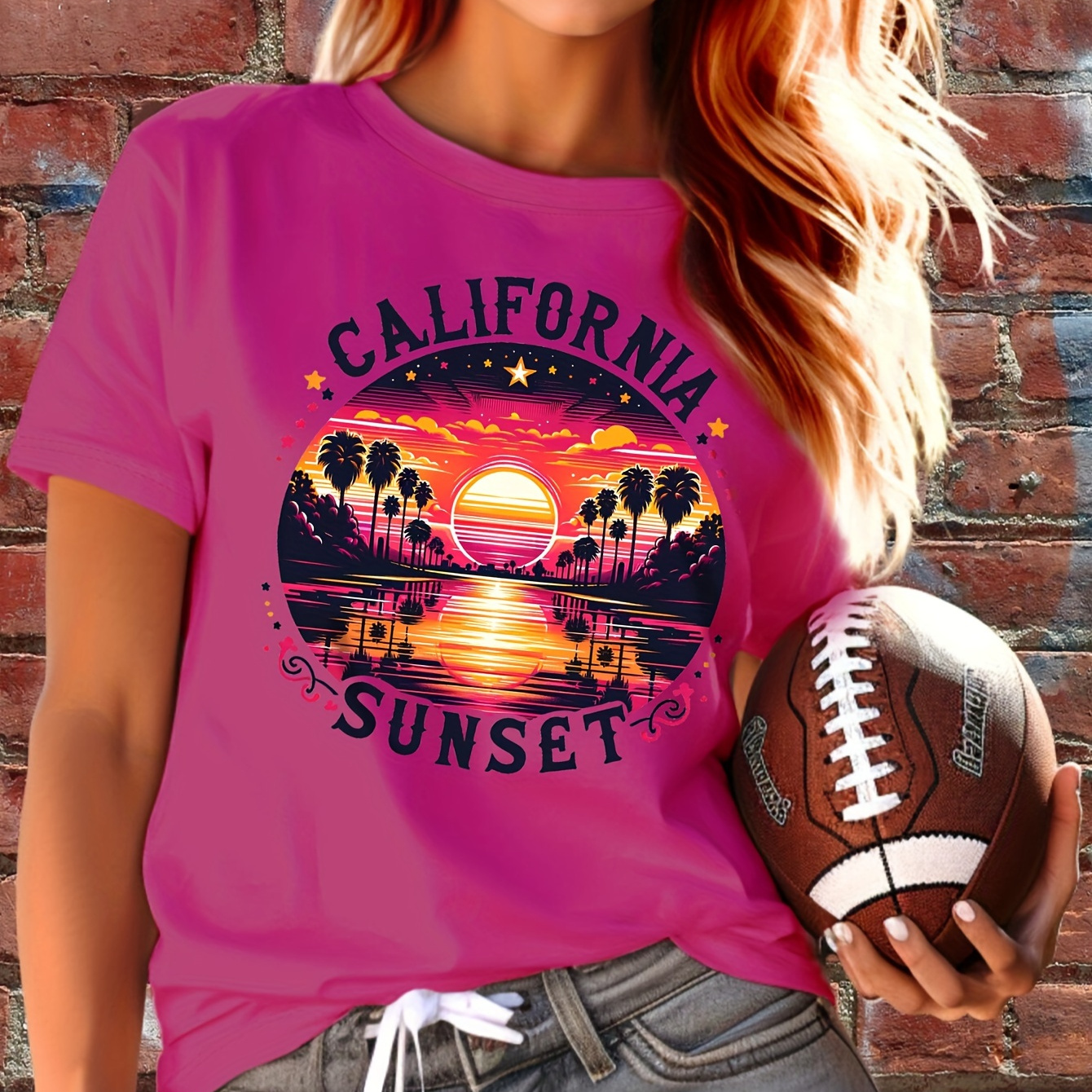 

California Sunset Print T-shirt, Casual Crew Neck Short Sleeve Top For Spring & Summer, Women's Clothing