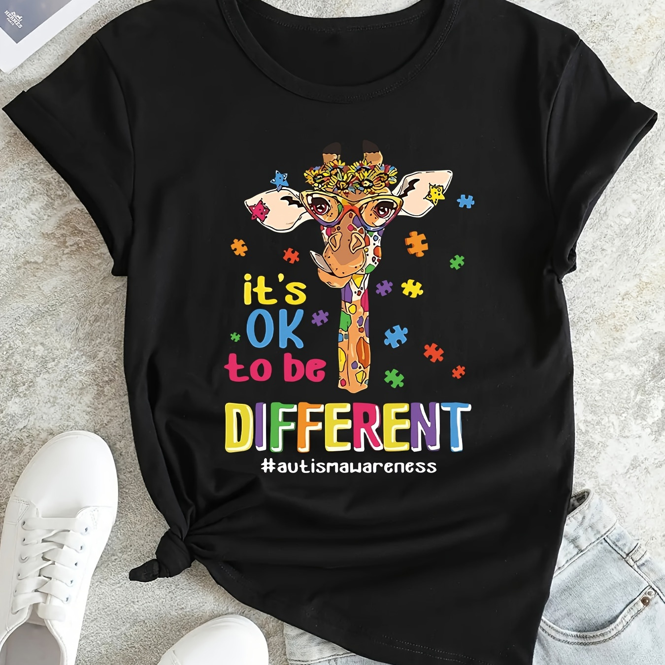 

Women's Inspirational Giraffe Print T-shirt "it's Ok To Be Different" | Casual Round Neck Short Sleeve Tee | Sporty Style | Spring/summer Fashion Top | Autism Awareness Shirt