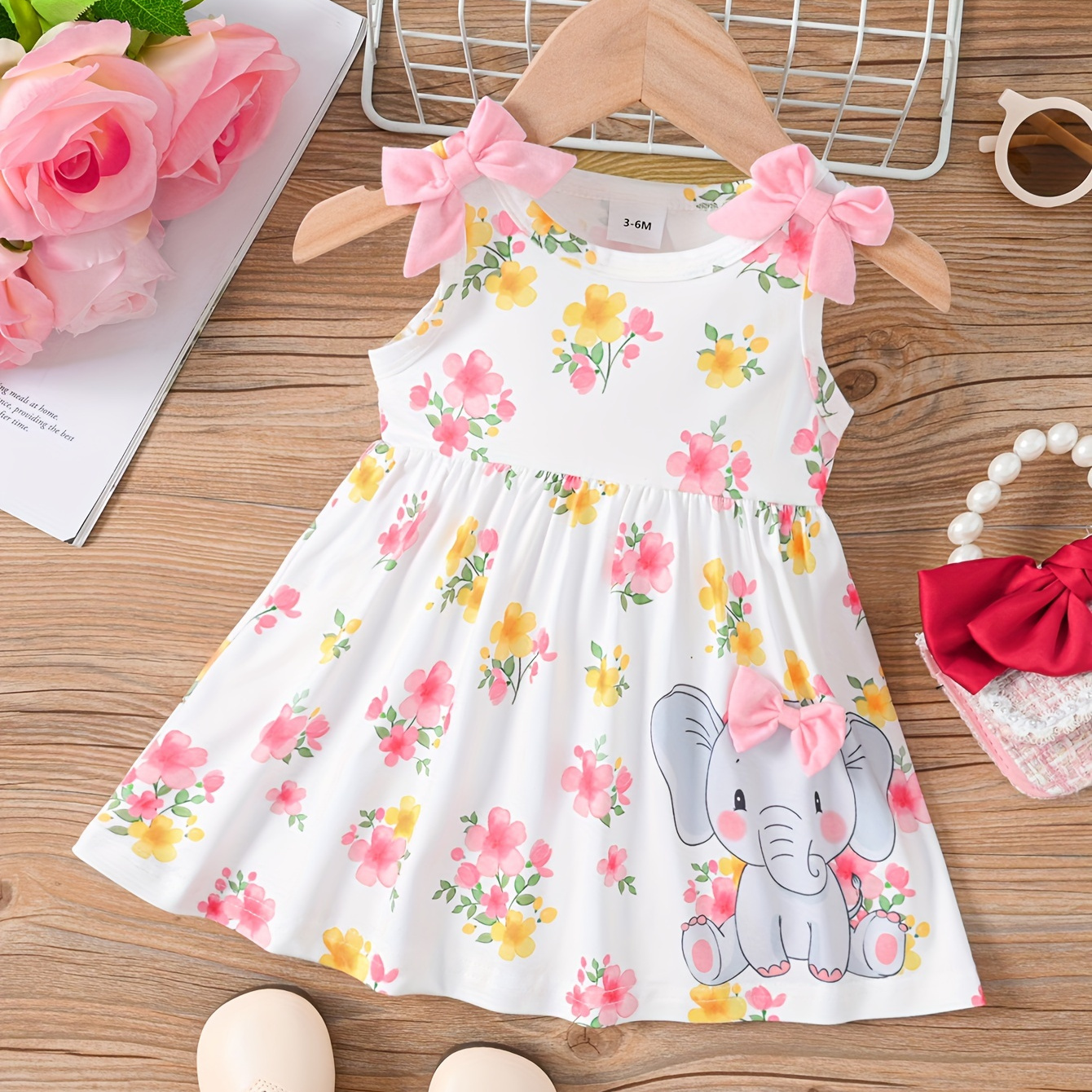 

Toddler Baby Girls Summer Clothing, Vest Dress Umbrella Skirt Swing Baby Simple Breathable Comfortable Bow Flowers Small Elephant Positioning Print Dress, Daily Full Print A-line Dress