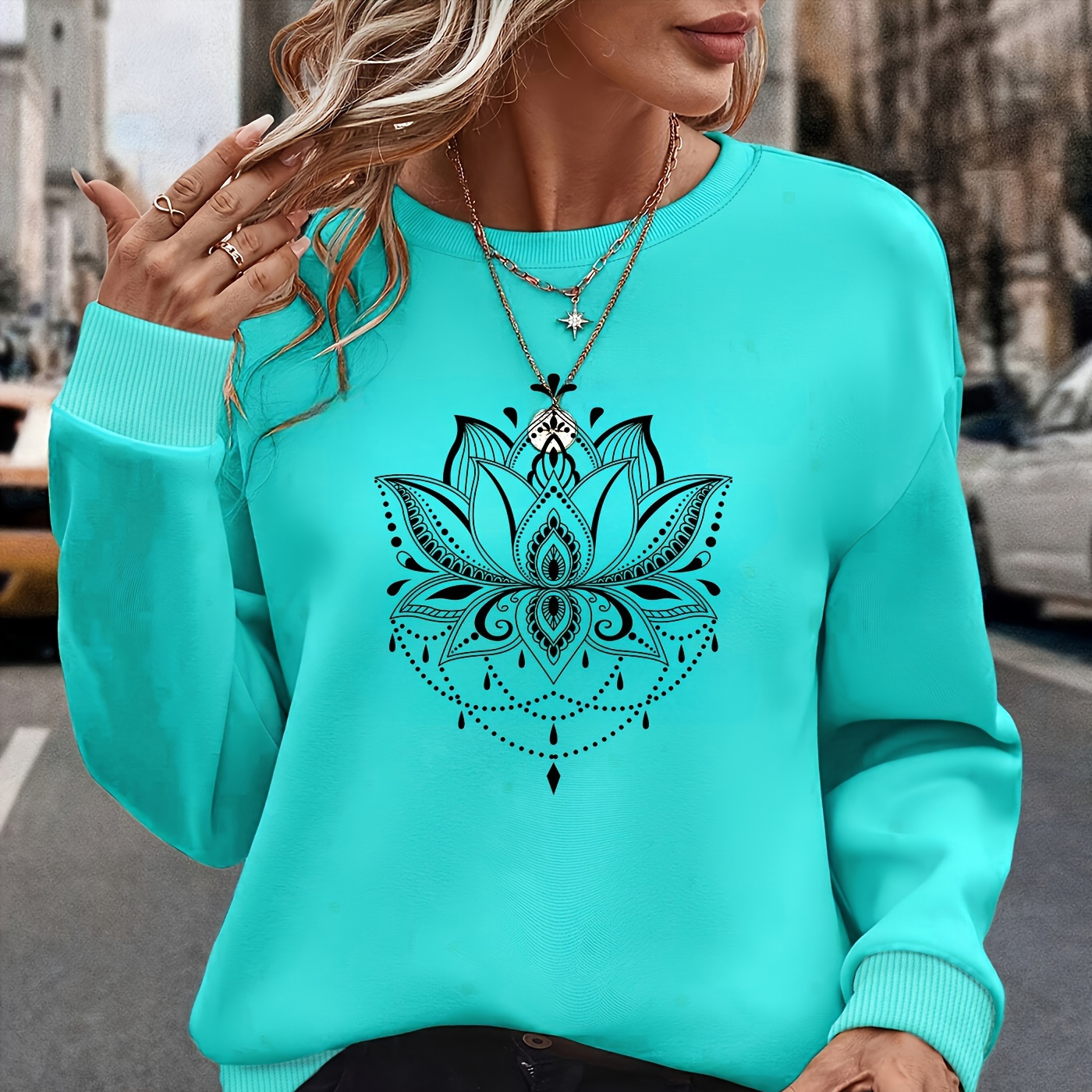 

Sweat-shirt élégant à manches longues pour femmes avec imprimé de fleur de lotus, col rond, en polyester, pull pour toutes les .