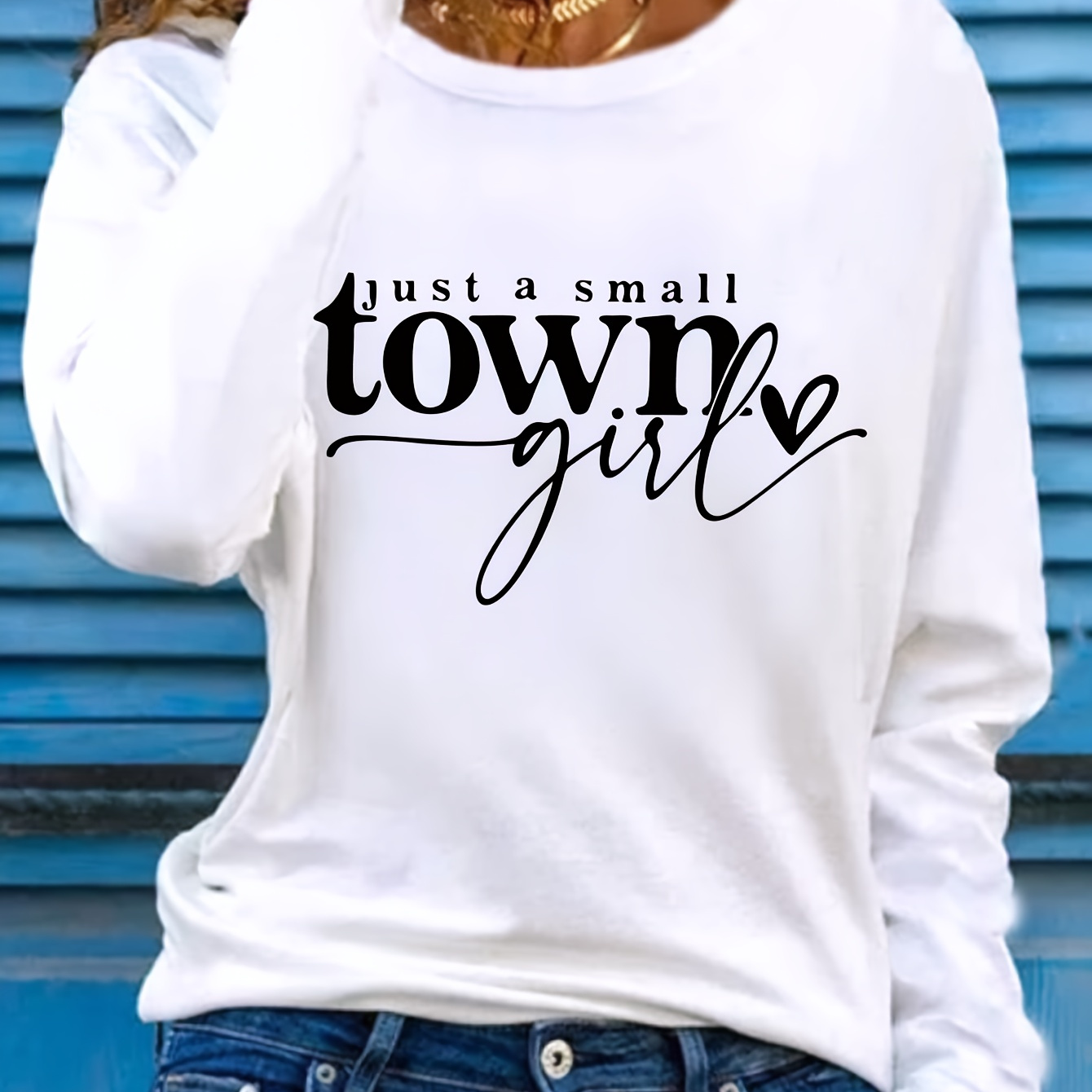 

Casual Crew Neck Long Sleeve T-shirt With 'just A Small Town' Heart Print, 100% Polyester Knit, Regular Length For Spring/fall - Design