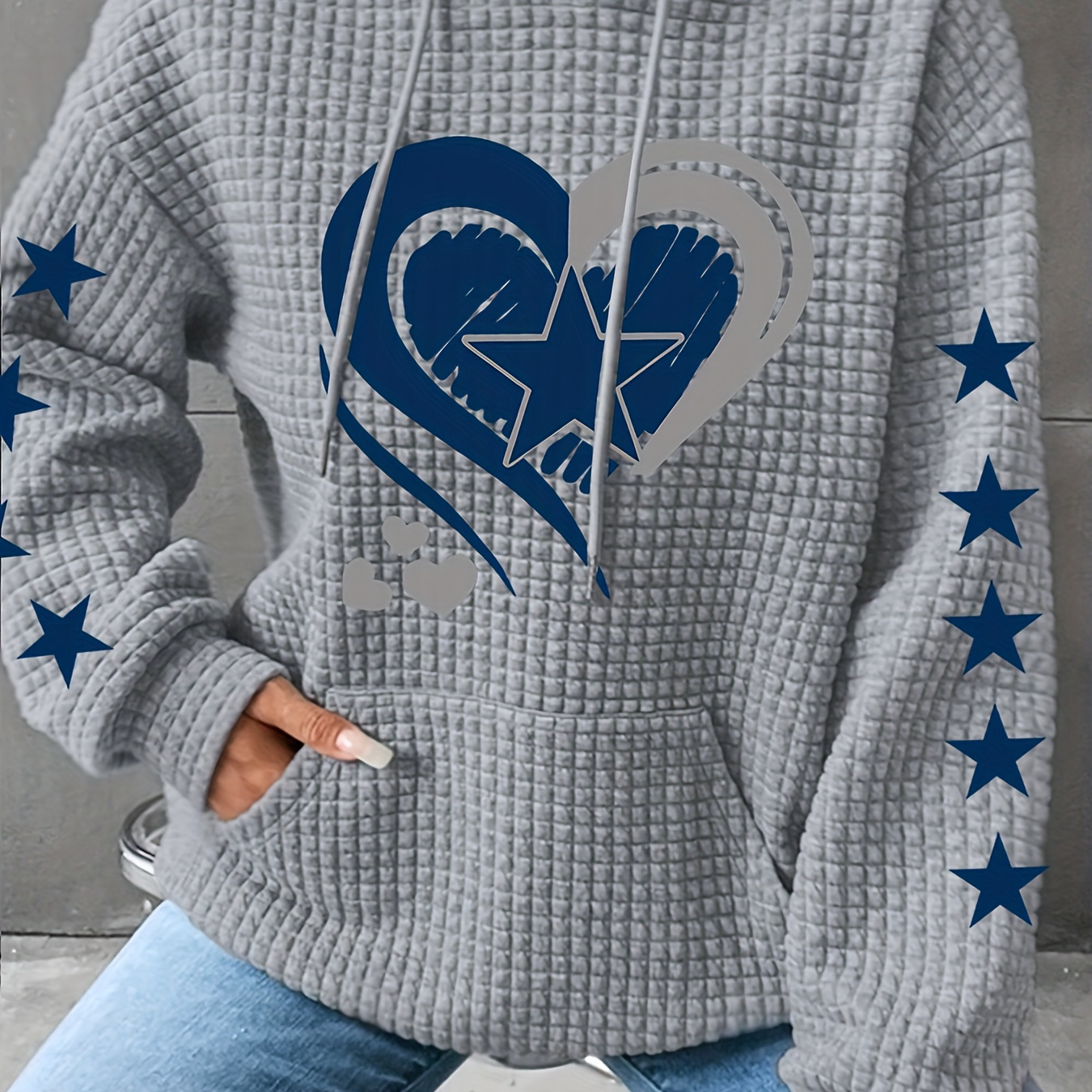 

Plus Size Casual Sweatshirt, Women's Plus Heart & Star Print Waffle Pattern Long Sleeve Drawstring Hoodie With Pockets