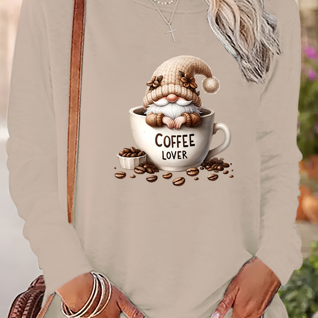 

1pc Women's Casual Crew Neck Long Sleeve T-shirt With Coffee Lover Applique, Polyester Knit Fabric, Loose Fit Pullover For Spring/fall - X4408