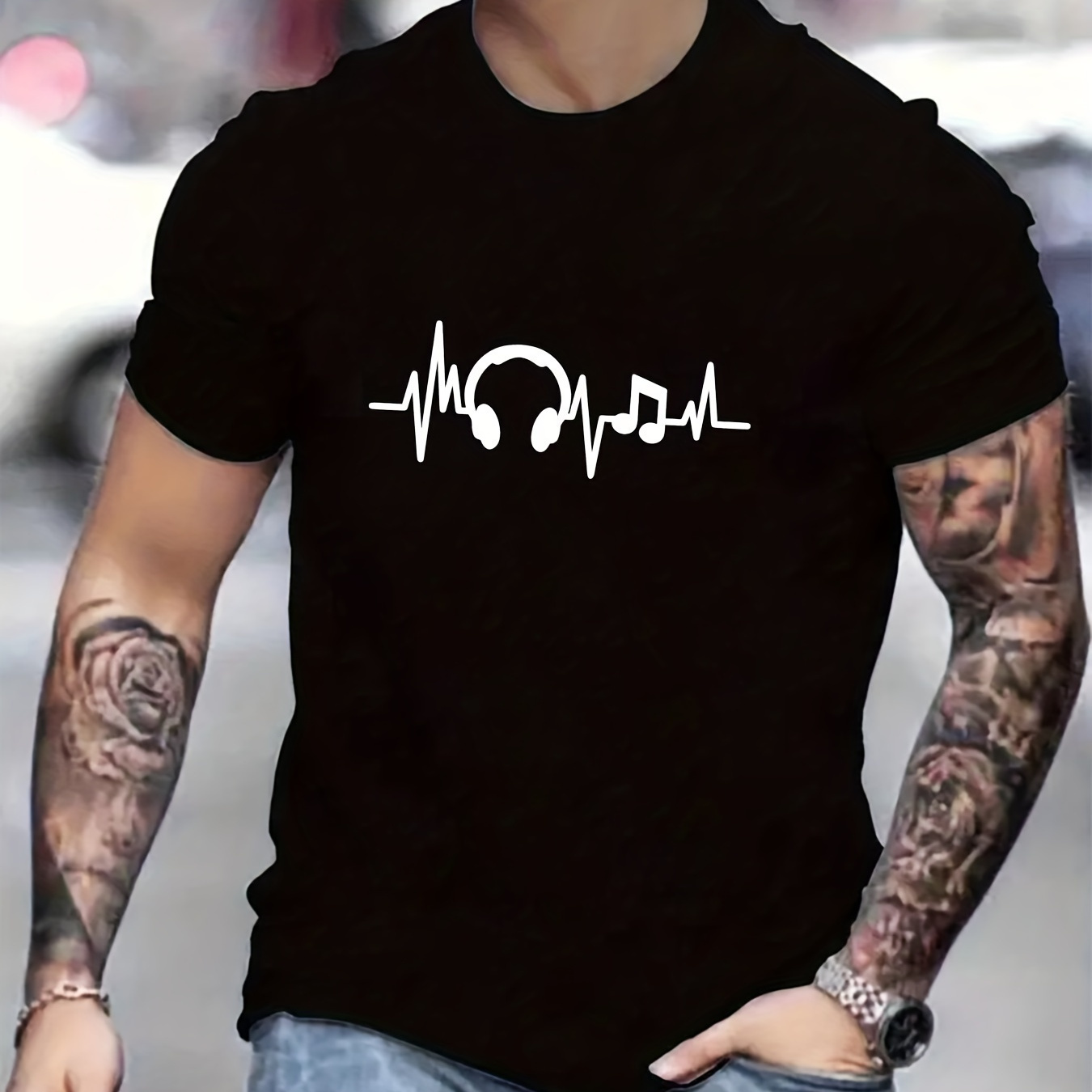 

Music & Headphone Print Men's Short Sleeve T-shirts, Comfy Casual Breathable Tops For Men's Fitness Training, Jogging, Outdoor Activities