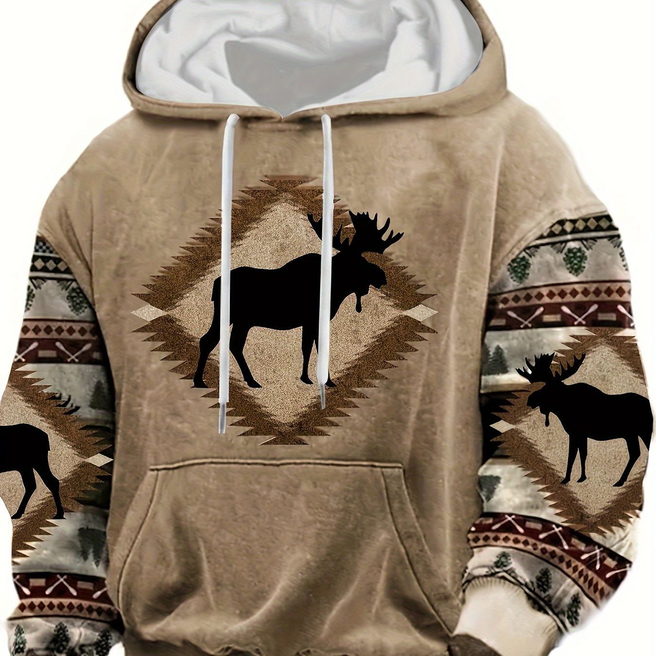 

Men's Vintage Tribal Moose Pattern Hoodie, Casual 3d Digital Print Slightly Stretch Breathable Hooded Sweatshirt For Outdoor