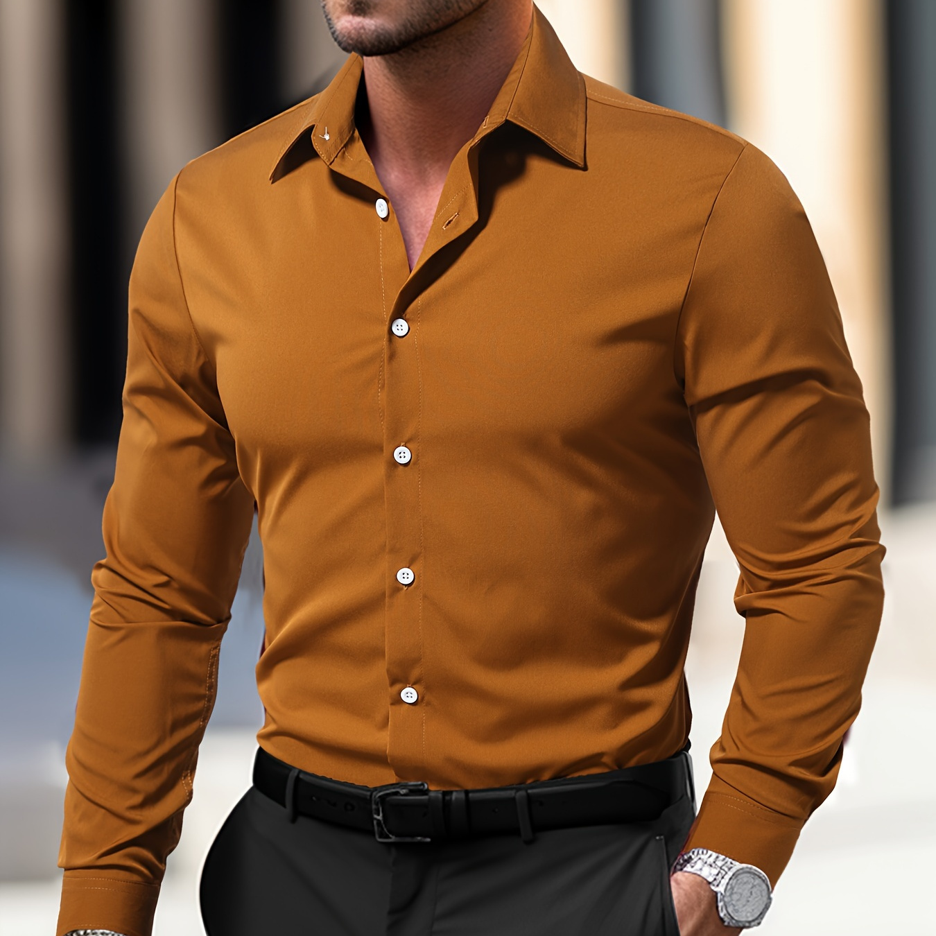 

Men's Solid Color Long Sleeve Shirt For Spring And Fall, Casual & Comfy Gentleman Shirt As Gift