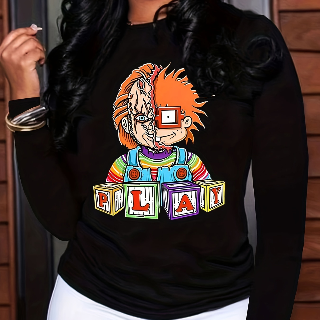 

Women's Fall Long Sleeve T-shirt - Print, Crew Neck, Machine Washable, Polyester & Spandex , Elegant Black Top