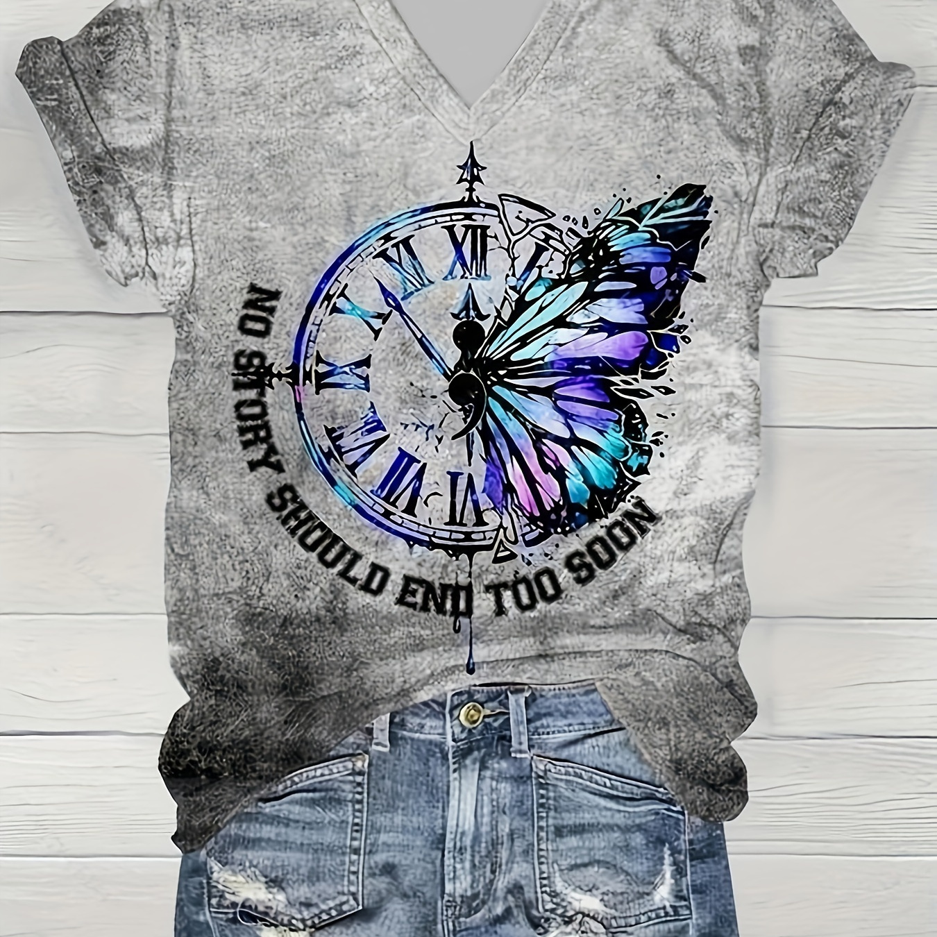 

Butterfly Print V Neck T-shirt, Short Sleeve Casual Top For Spring & Summer, Women's Clothing