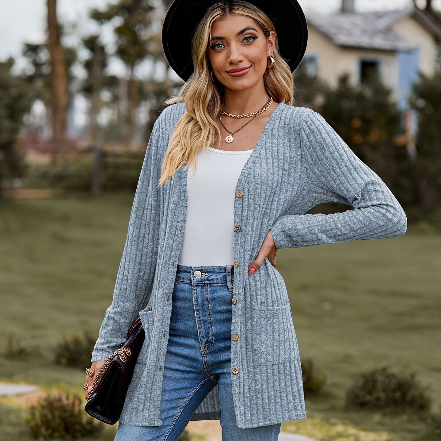 

Solid Color Button Front Cardigan, Casual Ribbed V Neck Patched Pocket Slim Long Sleeve Cardigan For Spring & Fall, Women's Clothing