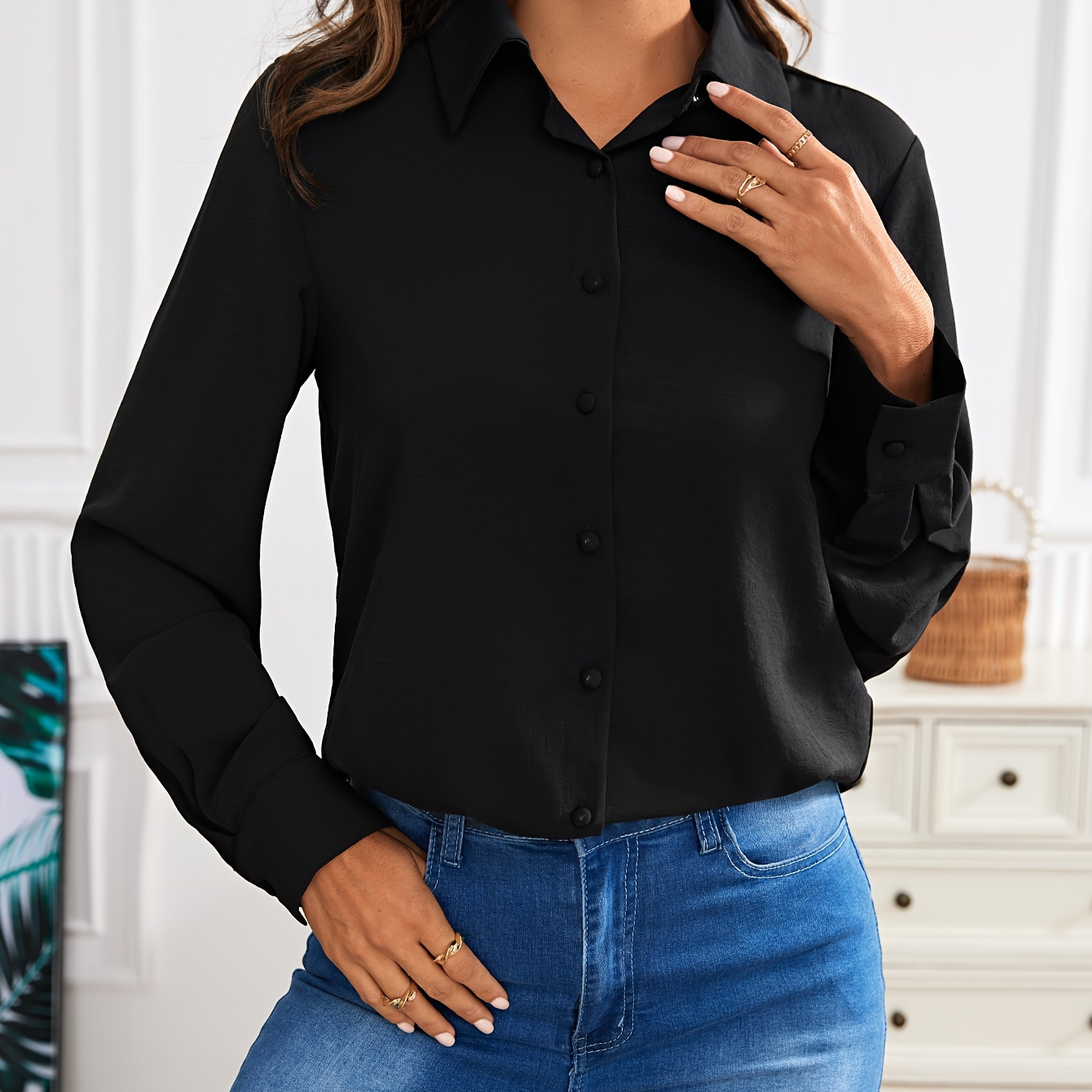 

Solid Button Front Shirt, Elegant Long Sleeve Lapel Shirt For Spring, Women's Clothing