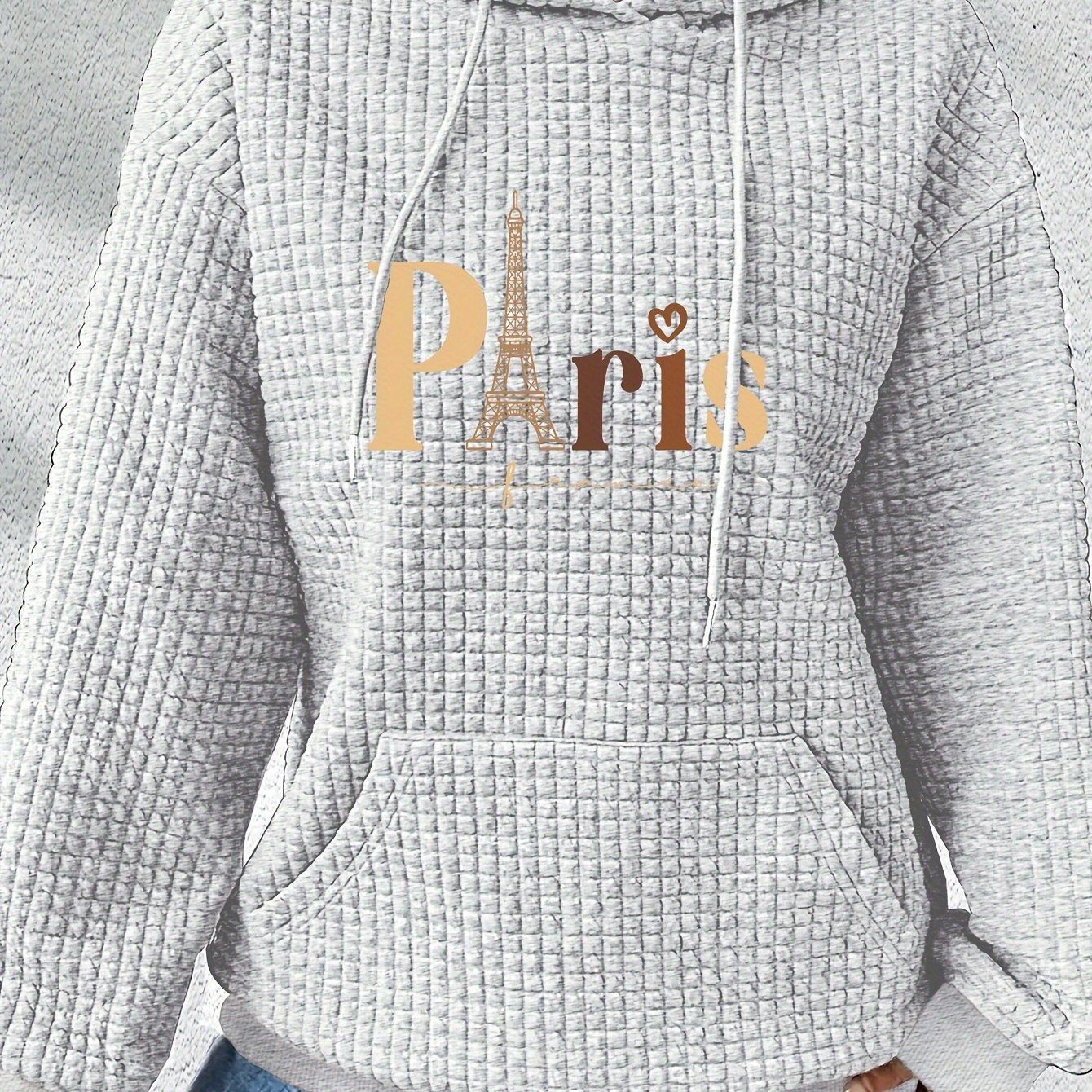 

Sweat à capuche décontracté pour femme avec imprimé Tour Eiffel de Paris, tissu en tricot de polyester, capuche à cordon de serrage, embellissement alphabétique, collection automne/hiver