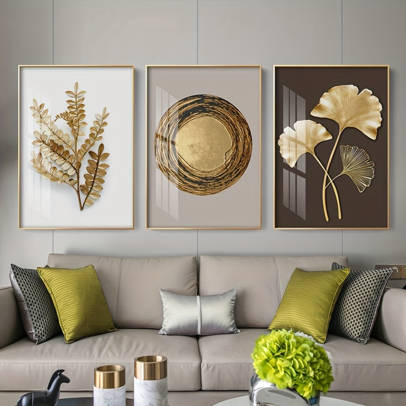 

3pcs, Nordic Ginkgo And Annual Wheel Canvas Wall Art - Golden Leaf Poster Prints For Home Living Room Decor - No Frame Included