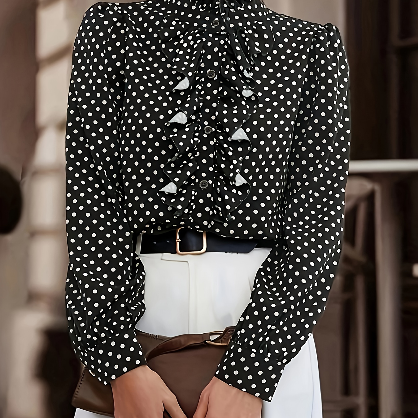 

Polka Dots Print Button Front Shirt, Elegant Lettuce Trim Long Sleeve Turtle Neck Shirt For Spring & Fall, Women's Clothing