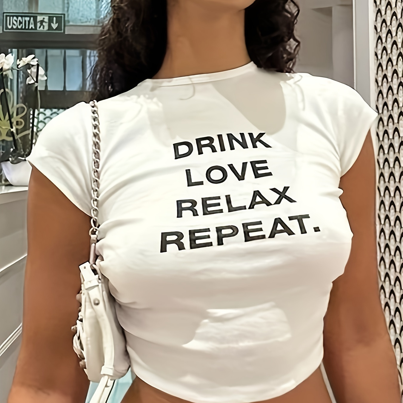 

Letter Print Crew Neck T-shirt, Casual Short Sleeve Crop Top For Spring & Summer, Women's Clothing
