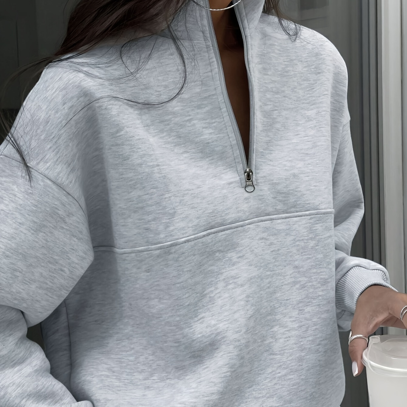 

Pullover décontracté à -fermeture éclair pour femmes - Haut à manches longues de couleur unie automne/hiver