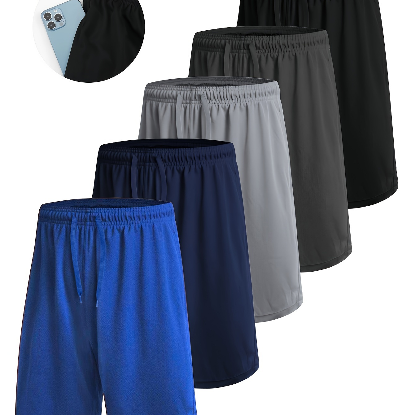 

5pcs Quick Drying Comfy Shorts, Men's Casual Slightly Stretch Elastic Waist Drawstring Shorts For Summer Gym Workout Training