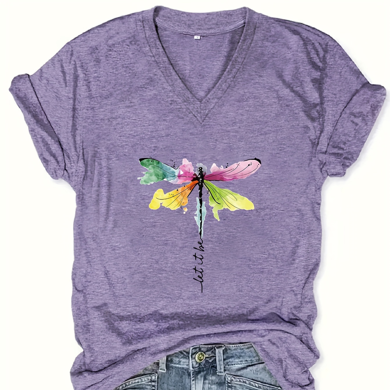 

Dragonfly Print V-neck T-shirt, Casual Short Sleeve T-shirt For Spring & Summer, Women's Clothing