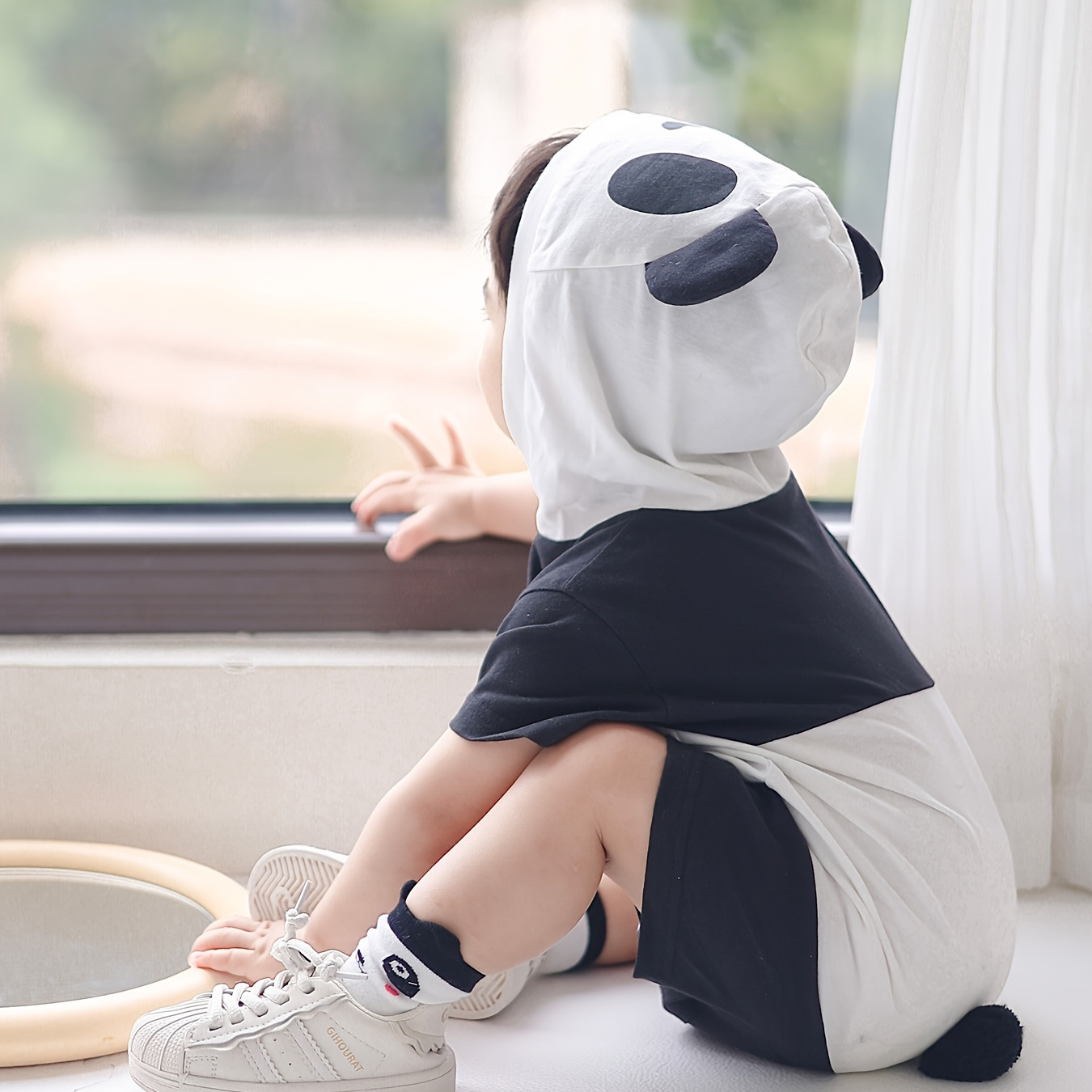 

Infant & Toddler's Color Clash Panda Hooded Bodysuit, Casual Cotton Short Sleeve Romper, Baby Boy's Clothing, As Gift