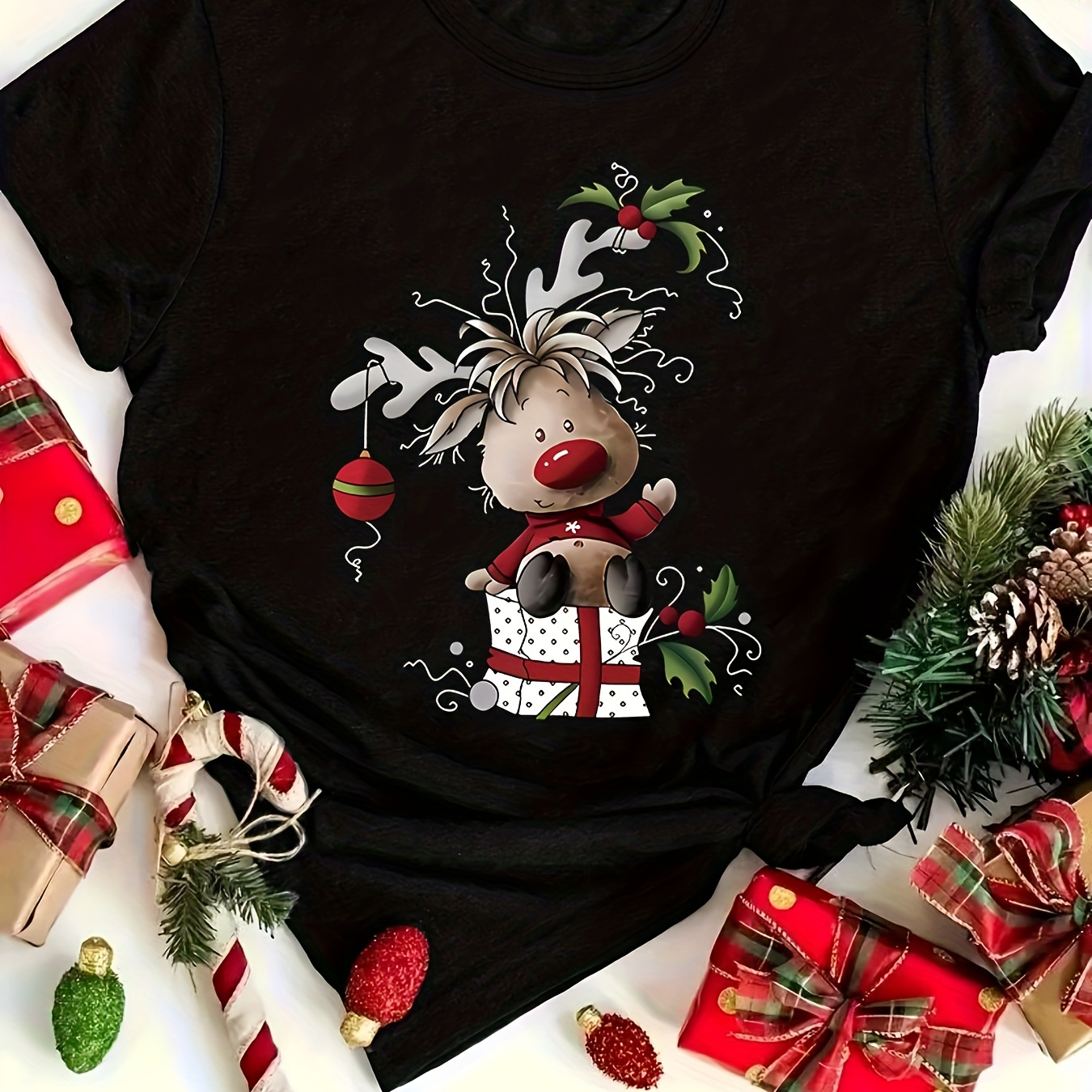 

Women's Plus Size Christmas Rovings Reindeer Graphic T-shirt - Polyester Knit Fabric, Round Neck, Short Sleeve, Pullover Top