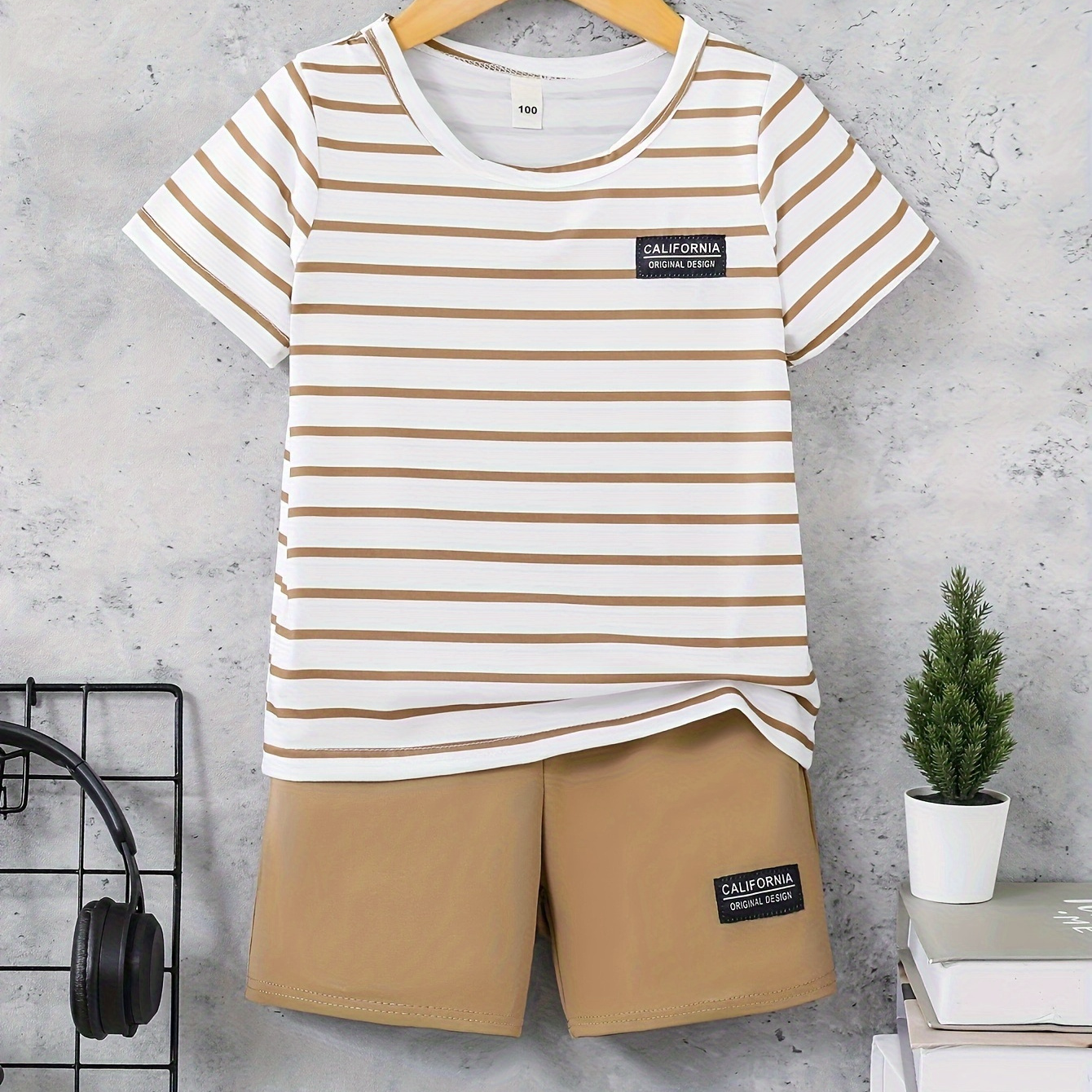 TEMU 2pcs Boys Casual Striped Short Sleeve T-shirt & Shorts Set, Comfy Summer Kids Clothes