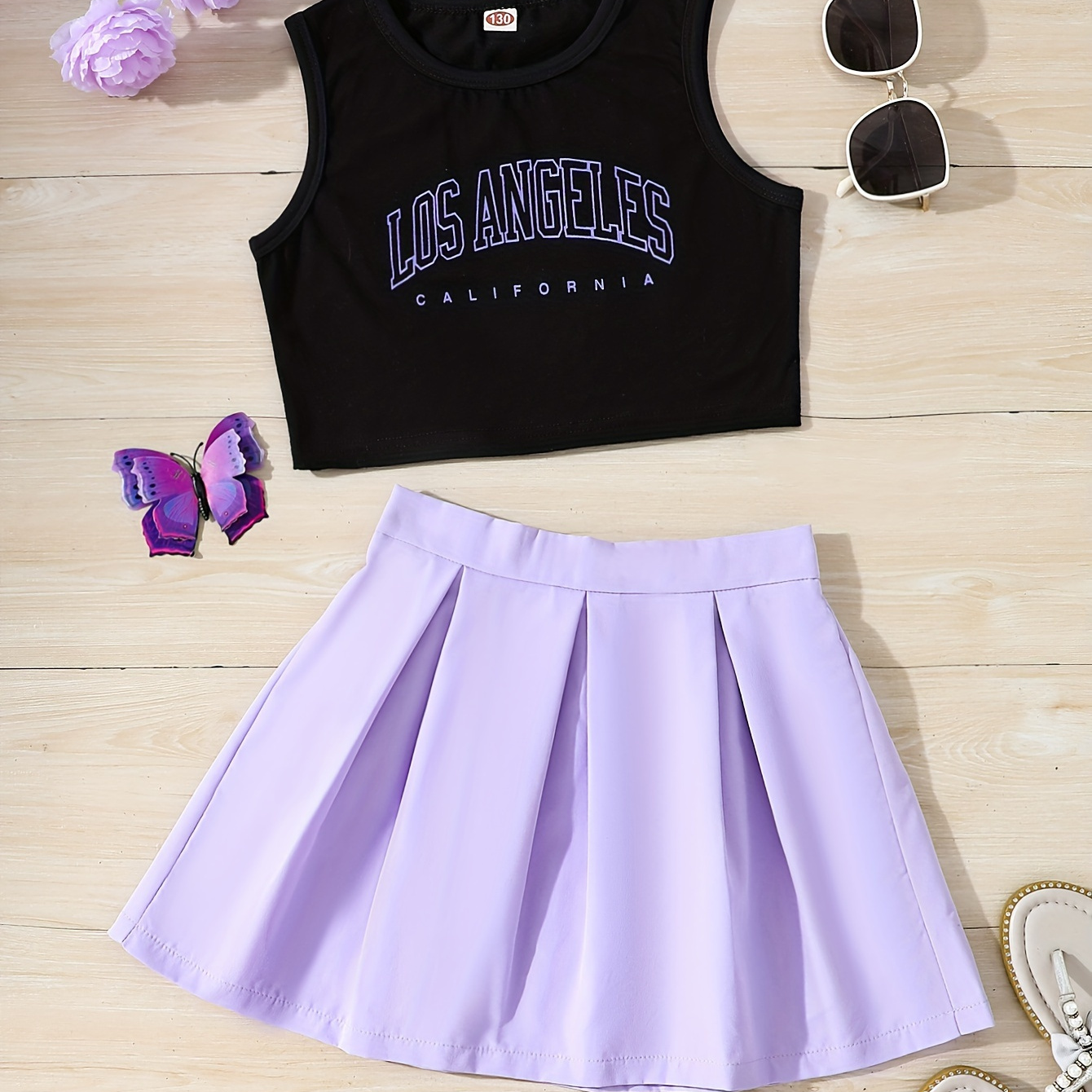 

Girl's Casual Sweet 2pcs Sleeveless Los Angeles Print Crop Top & Pleated Skirt Set