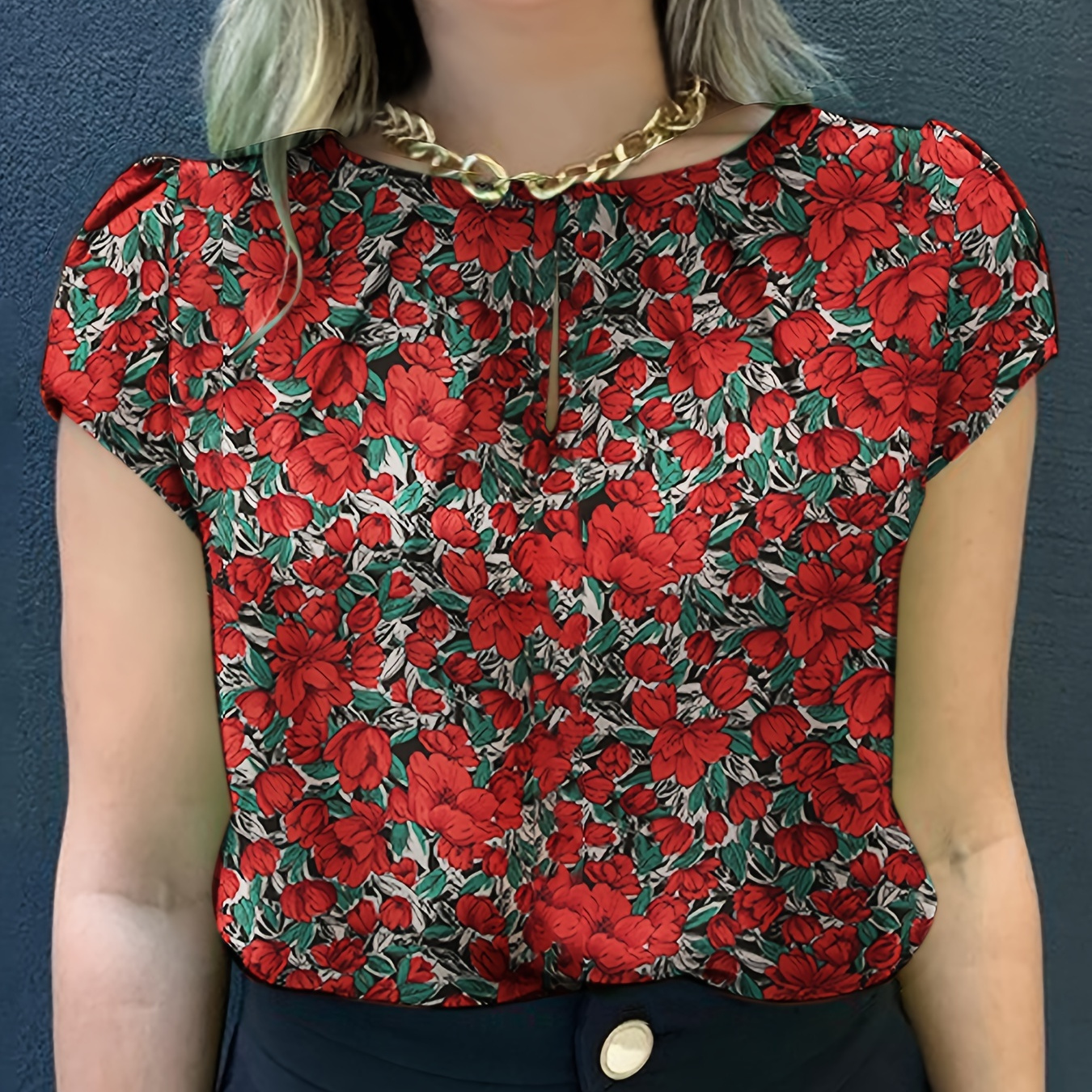 

Floral Neck Blouse, Casual Short Sleeve Top For , Women's Clothing