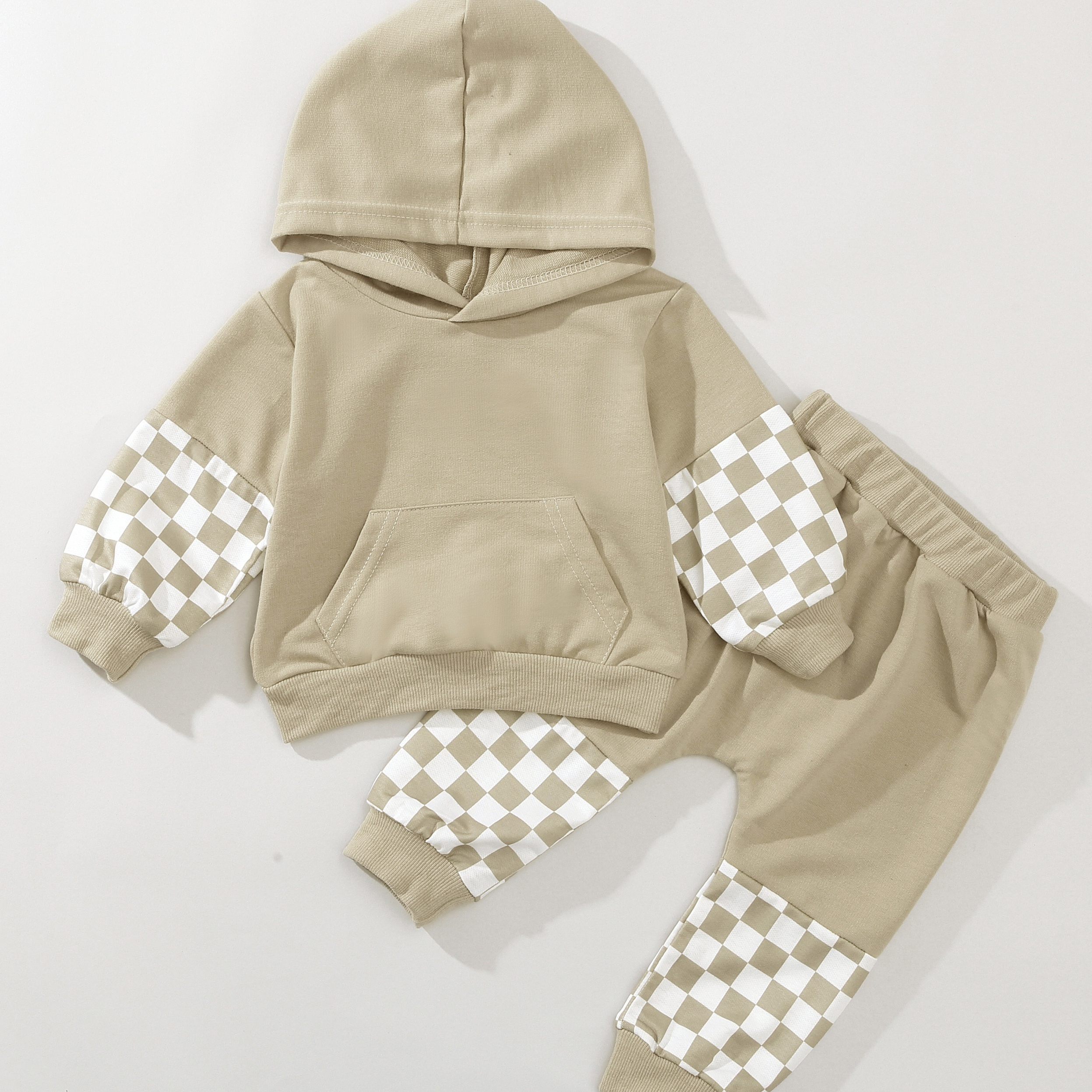 

2pcs Baby Boys Trendy Checkboard Hooded Sweatshirt Trousers Set, Toddler Casual Outfit Clothes