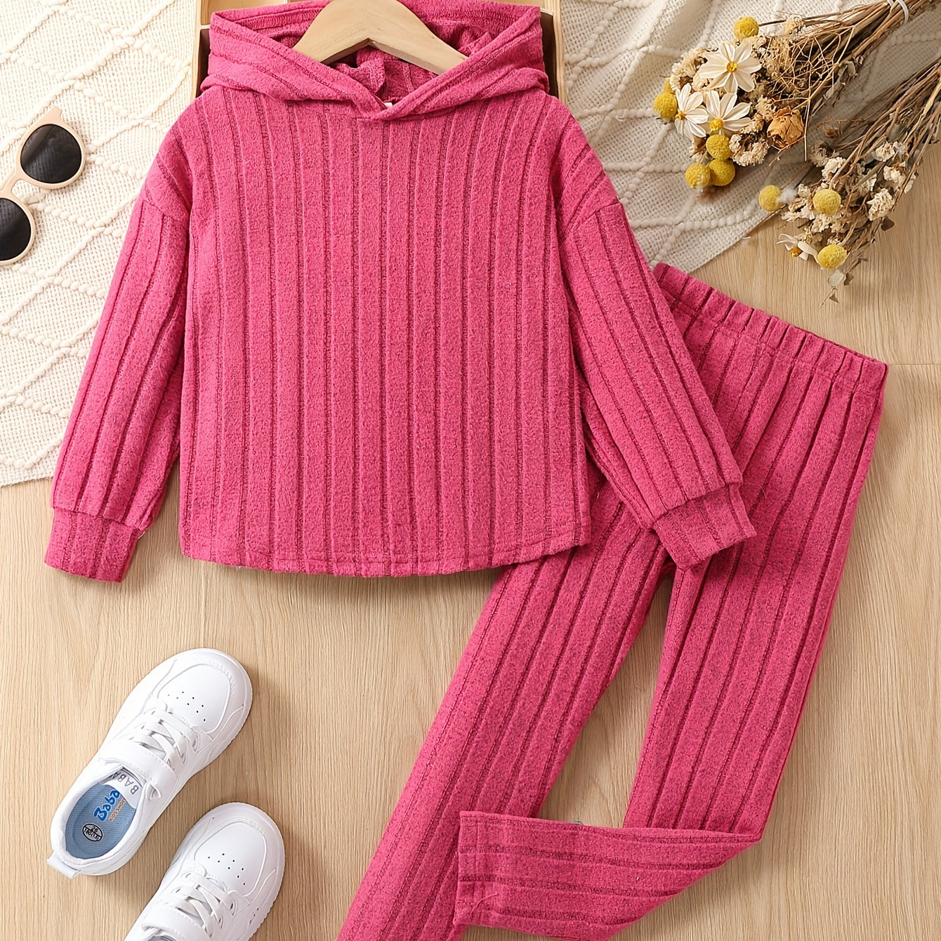 

2pcs Girls, Trendy Ribbed Knit Long Sleeve Hoodies + Comfy Long Pants Set, Kids Clothes For Gift, Autumn/ Winter