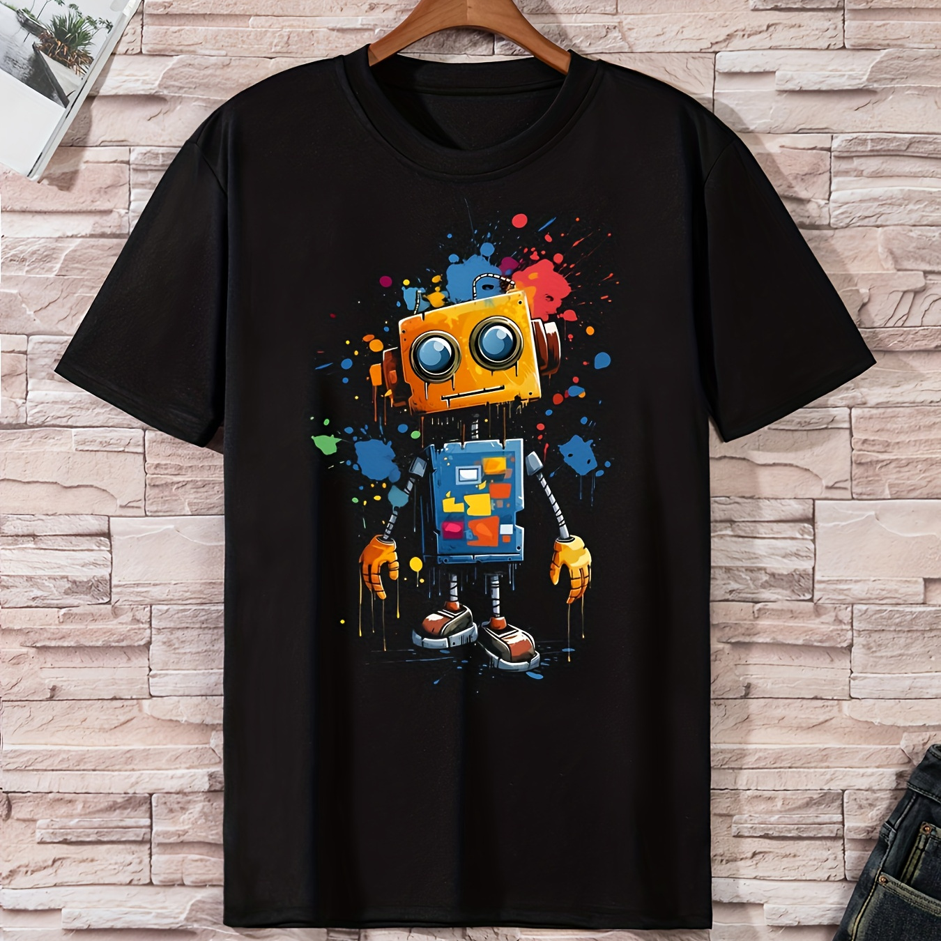 

Cartoon Robot Print T-shirt, Men's Casual Street Style Stretch Round Neck Tee Shirt For Summer