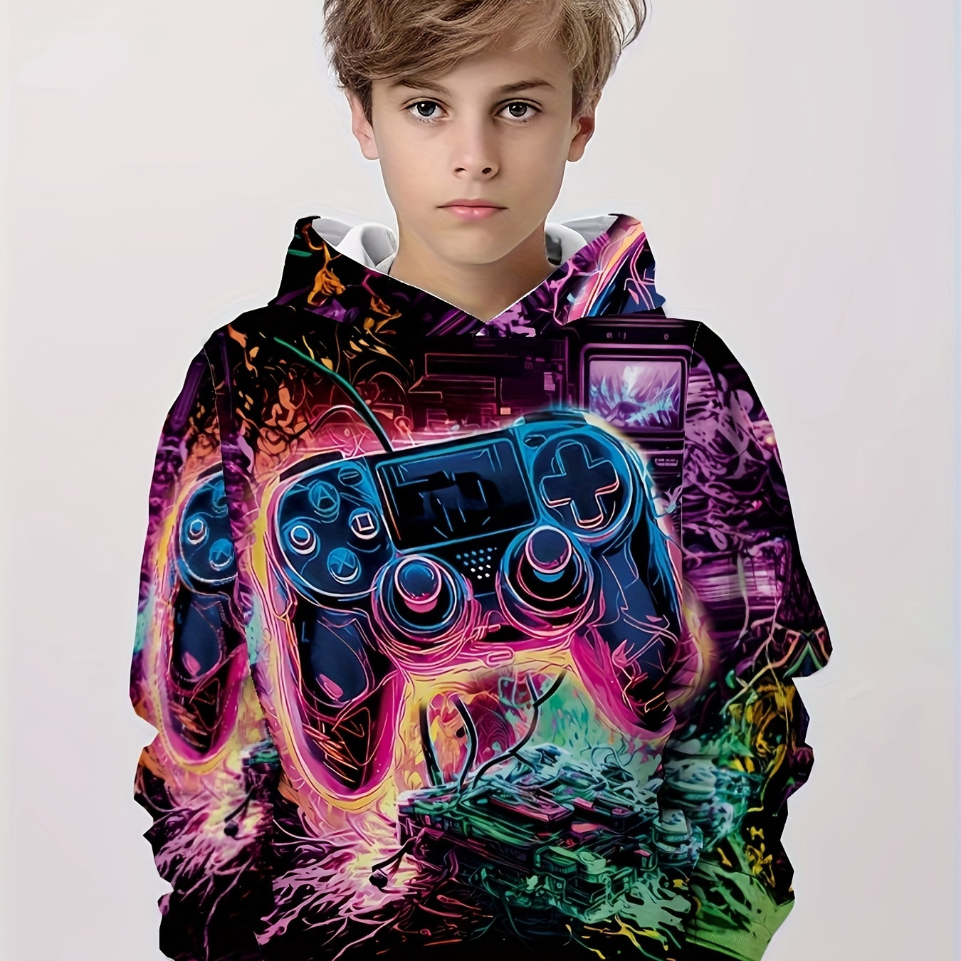 

Fashionable Colorful Gamepad 3d Print Boys Hoodie, Stay Stylish And Cozy Sweatshirt - Perfect Spring Fall Winter Essential For Your Little Fashionista!