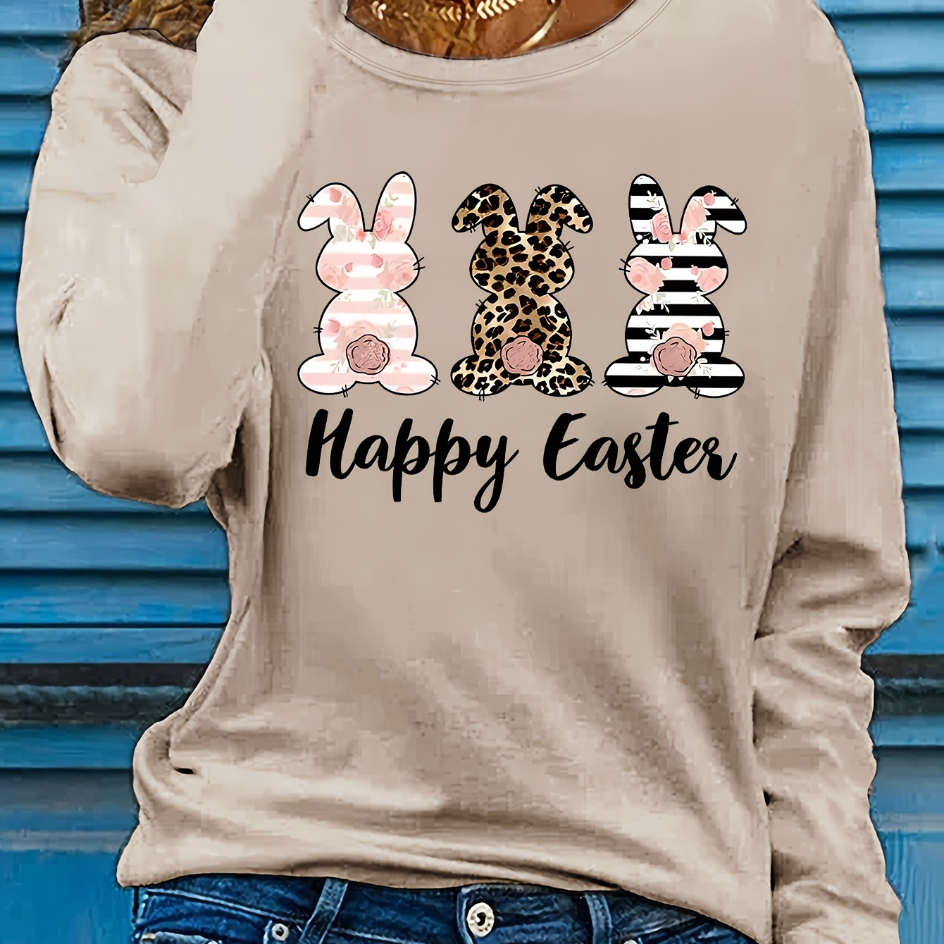 

Easter Bunny Graphic Long Sleeve T-shirt - Casual Crew Neck, Soft Polyester, Machine Washable - Spring & Fall