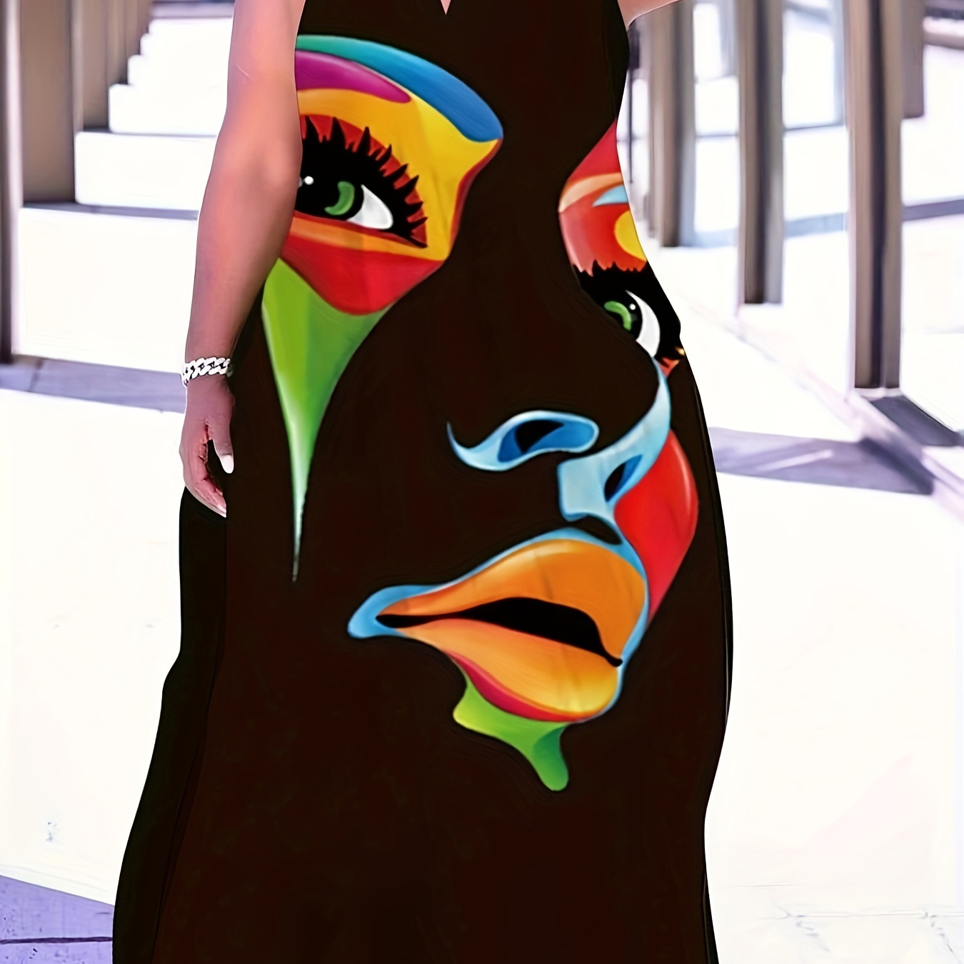 

Plus Size Abstract Print Loose Tank Dress, Casual Notch Neck Sleeveless Dress For Spring & Summer, Women's Plus Size Clothing