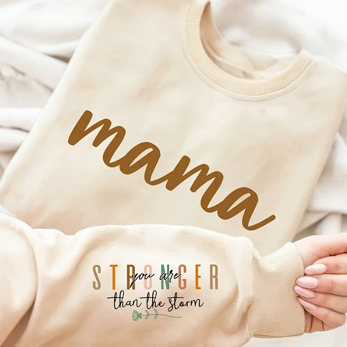 

Cozy Fleece-lined 'mama' Letter Print Sweatshirt - Casual Long Sleeve Crew Neck For Women, Fall & Winter