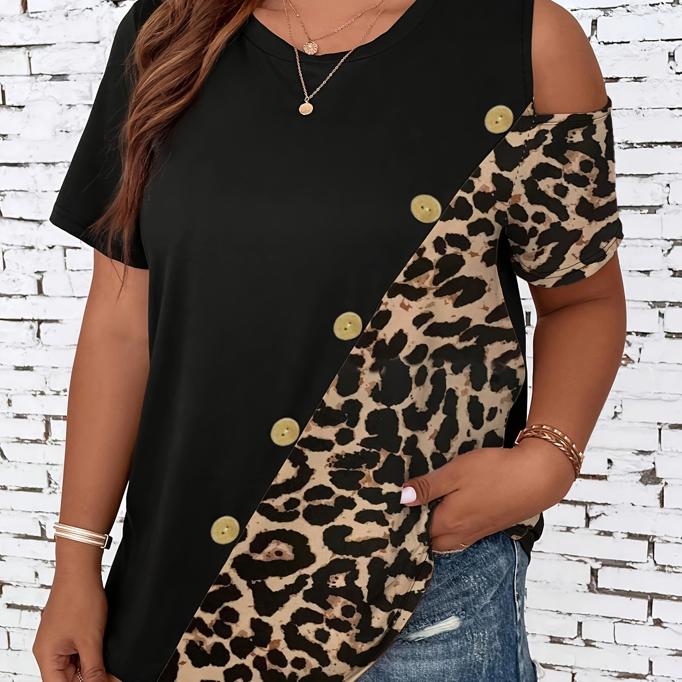 

Plus Size Leopard Print Splicing T-shirt, Casual Cold Shoulder Short Sleeve Top For Spring & Summer, Women's Plus Size Clothing