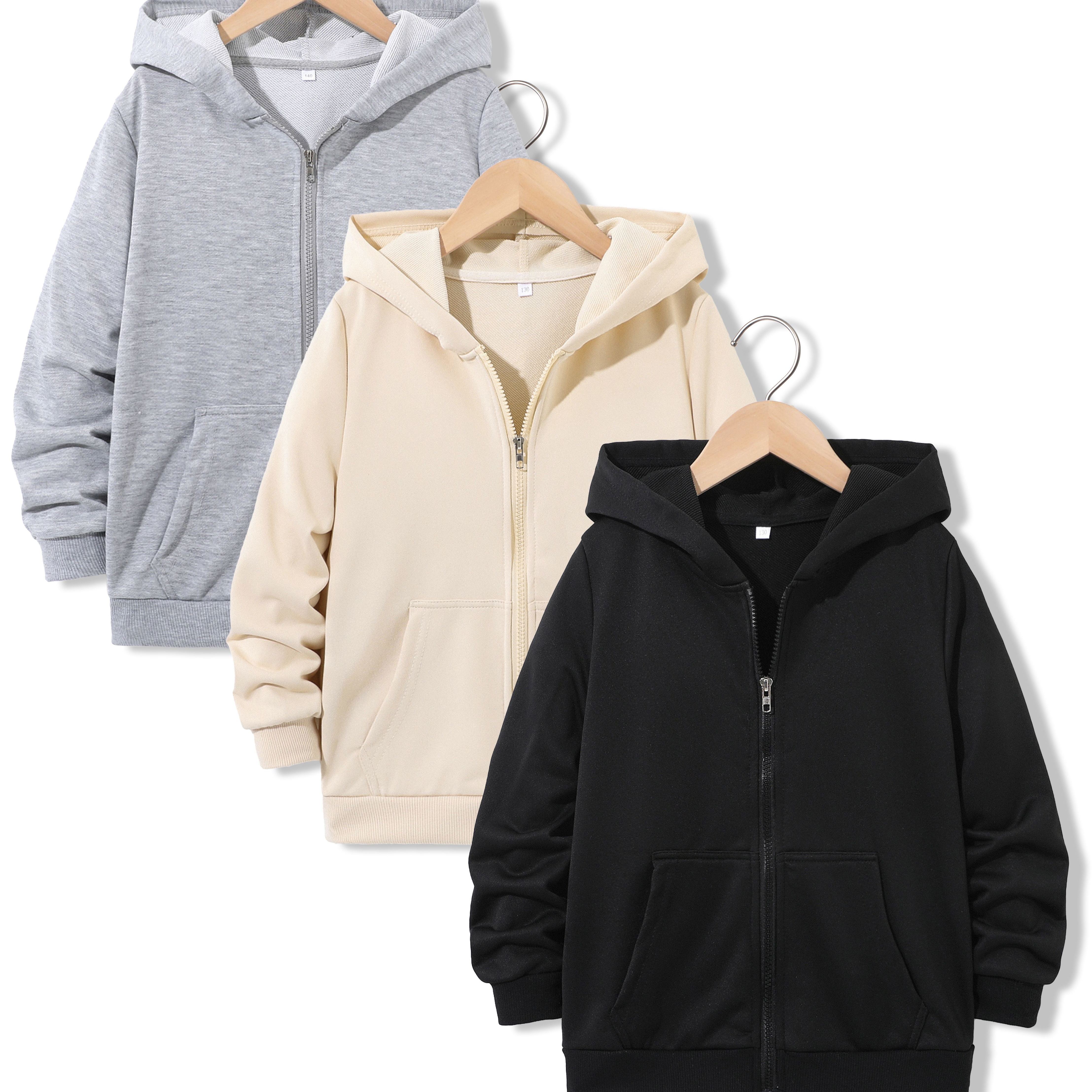 

3pcs Kid's Hooded Jacket, Solid Color Zipper Hoodie, Girl's Clothing