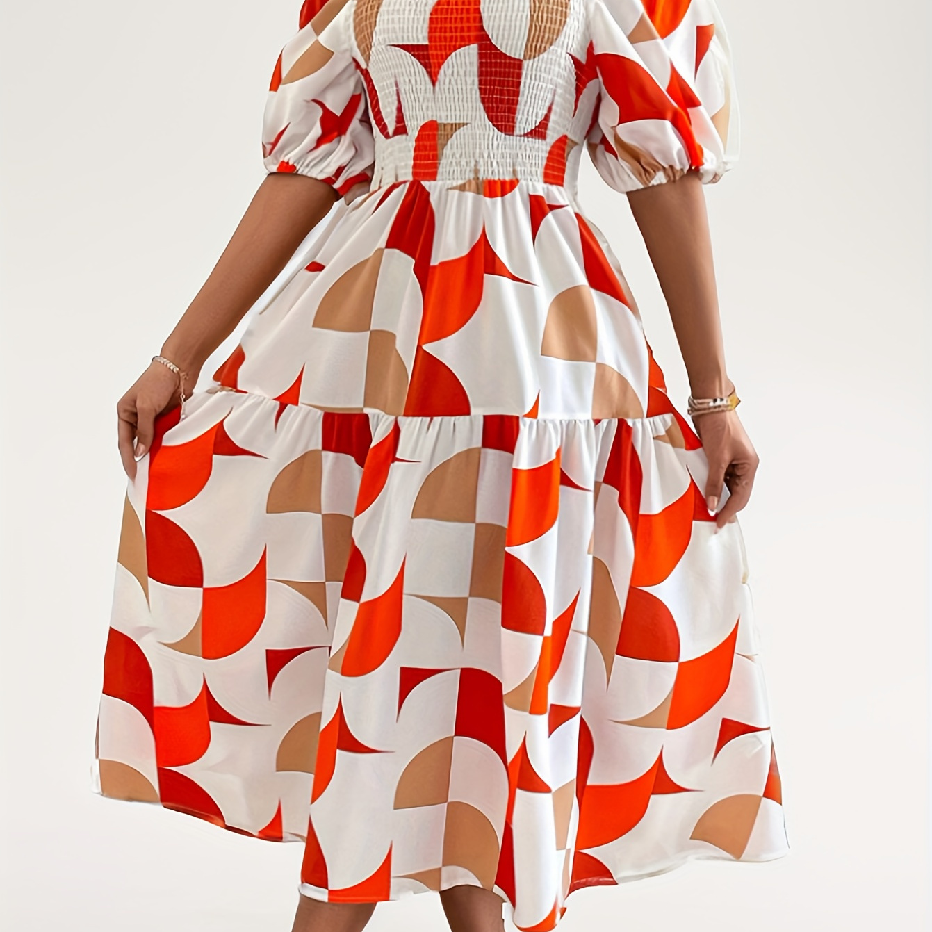 

Geo Print Shirred Off Shoulder Dress, Elegant Ruffle Hem Aline Dress For Spring & Summer, Women's Clothing