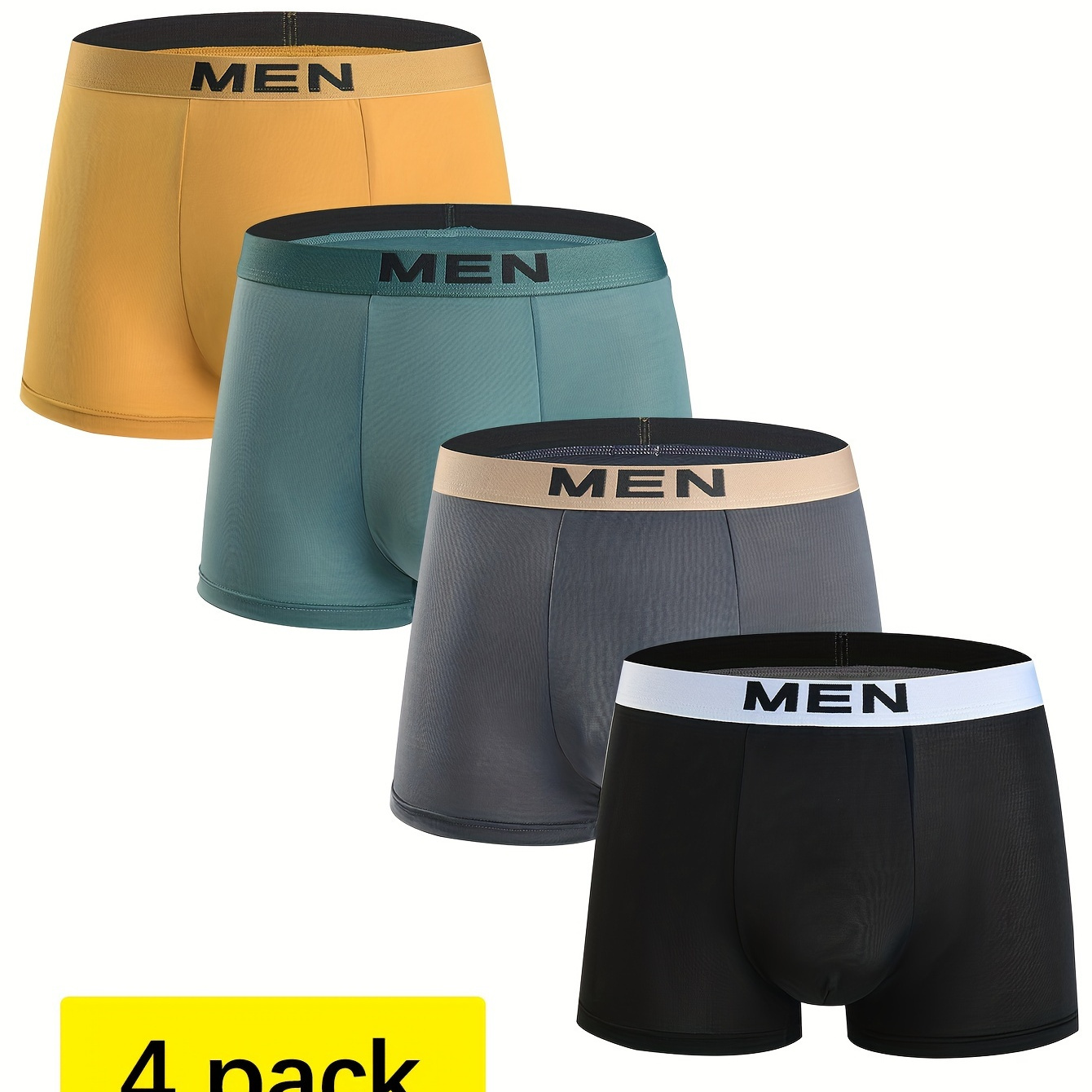 

4-pack Men's Boxer Briefs, , Solid Color, Stretchy Fabric, No Secondary Material, Casual, Polyester Knit, Letter Belt Design, Athletic Shorts, Sizes Not Specified