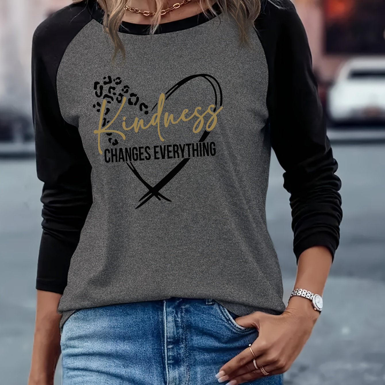 

Women's Casual Crew Neck Raglan Long Sleeve T-shirt With "kindness " Heart Print - Polyester Blend Knit Fabric Top For Spring And Fall