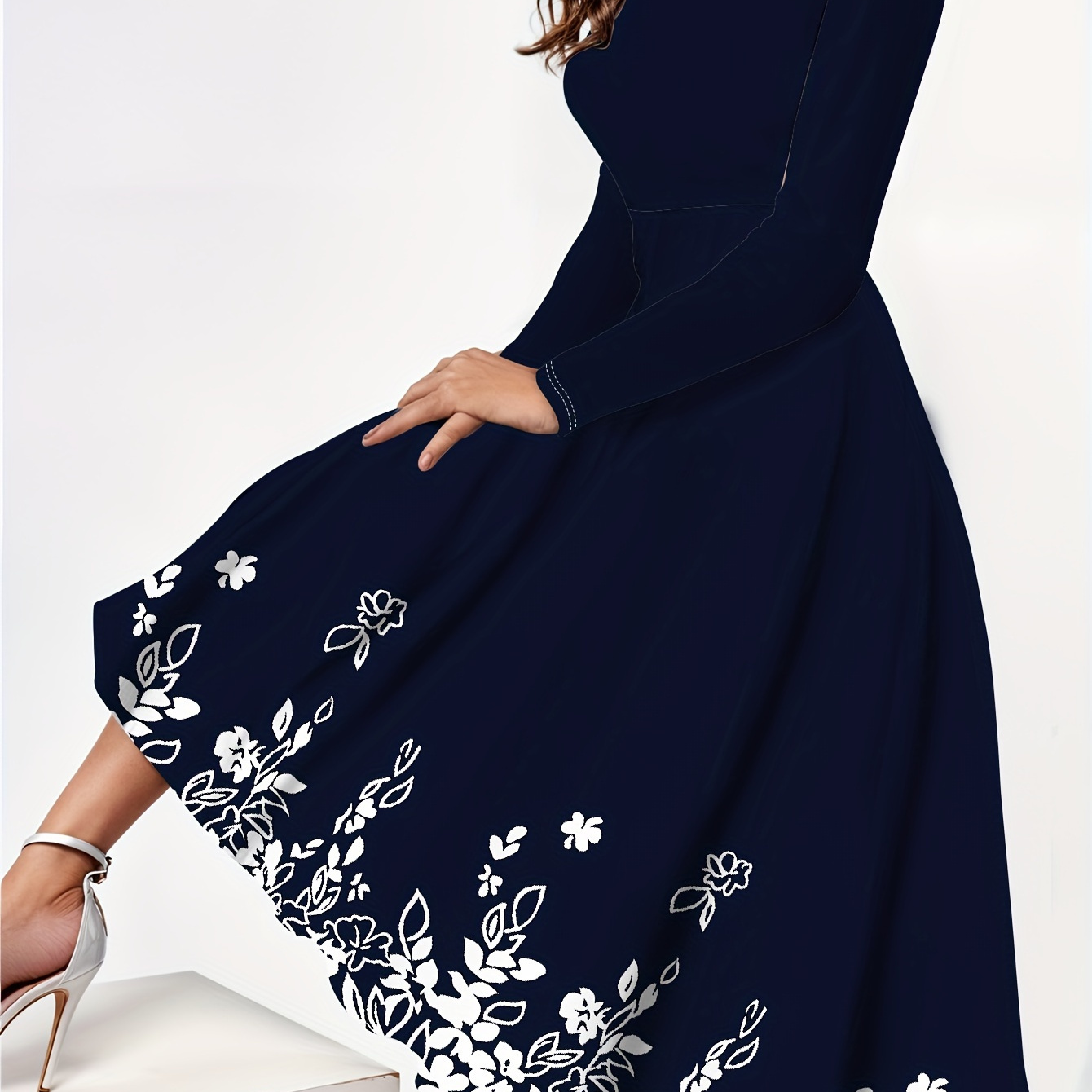 

Floral Print Midi Dress, Elegant Crew Neck Long Sleeve Dress For Spring & Fall, Women's Clothing