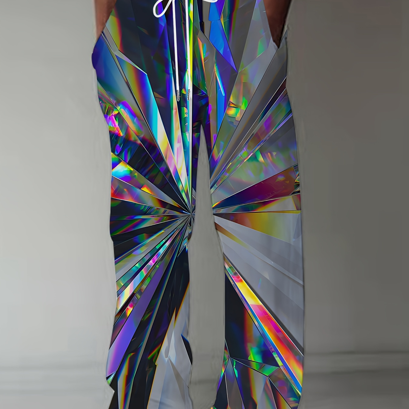 

Men's Retro-inspired Holographic Straight-leg Pants - Casual Loose Fit, 100% Polyester, Machine Washable With Drawstring Waist - Disco Party Trousers