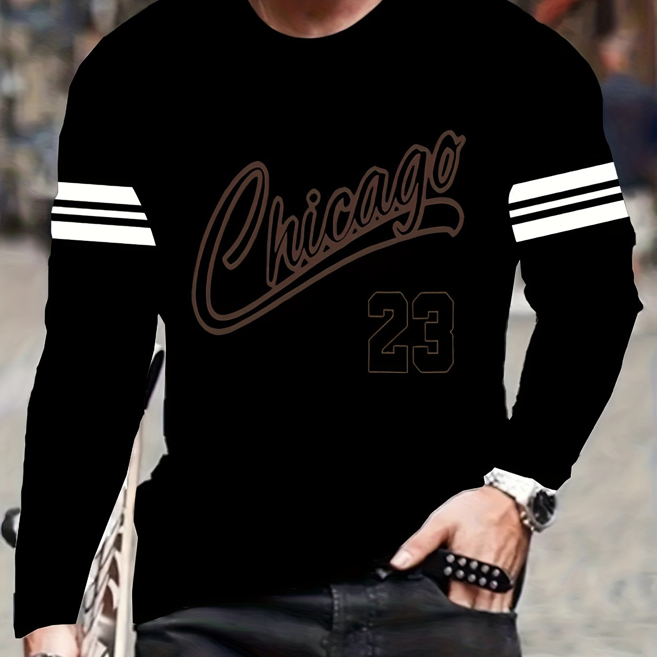 

Men's Casual Long Sleeve T-shirt With Stripes And "chicago" Print, Polyester Knit Fabric, Round Neck, Regular Fit, For Adult